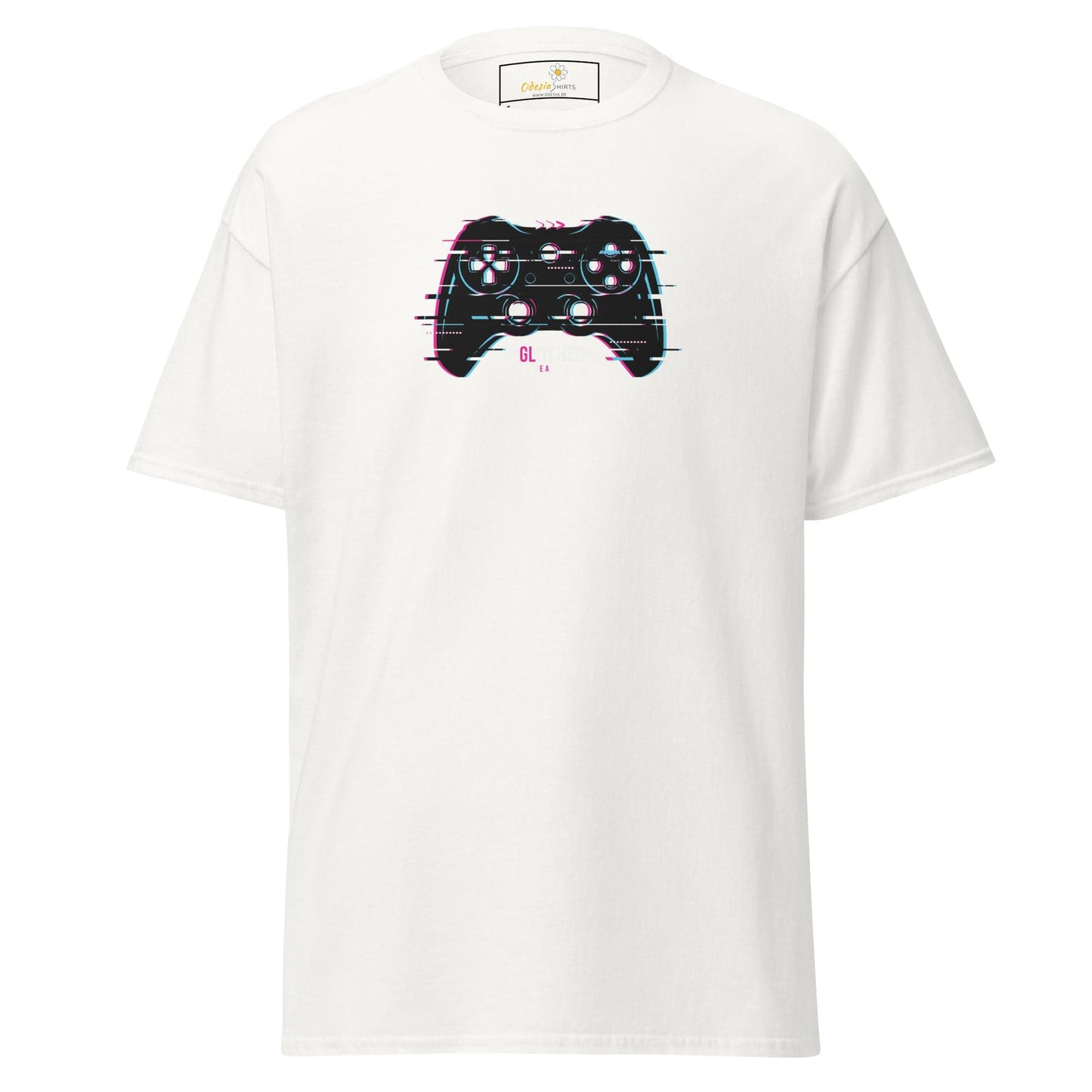White T-Shirt with glitching game controller design for men and women in sizes S to XL