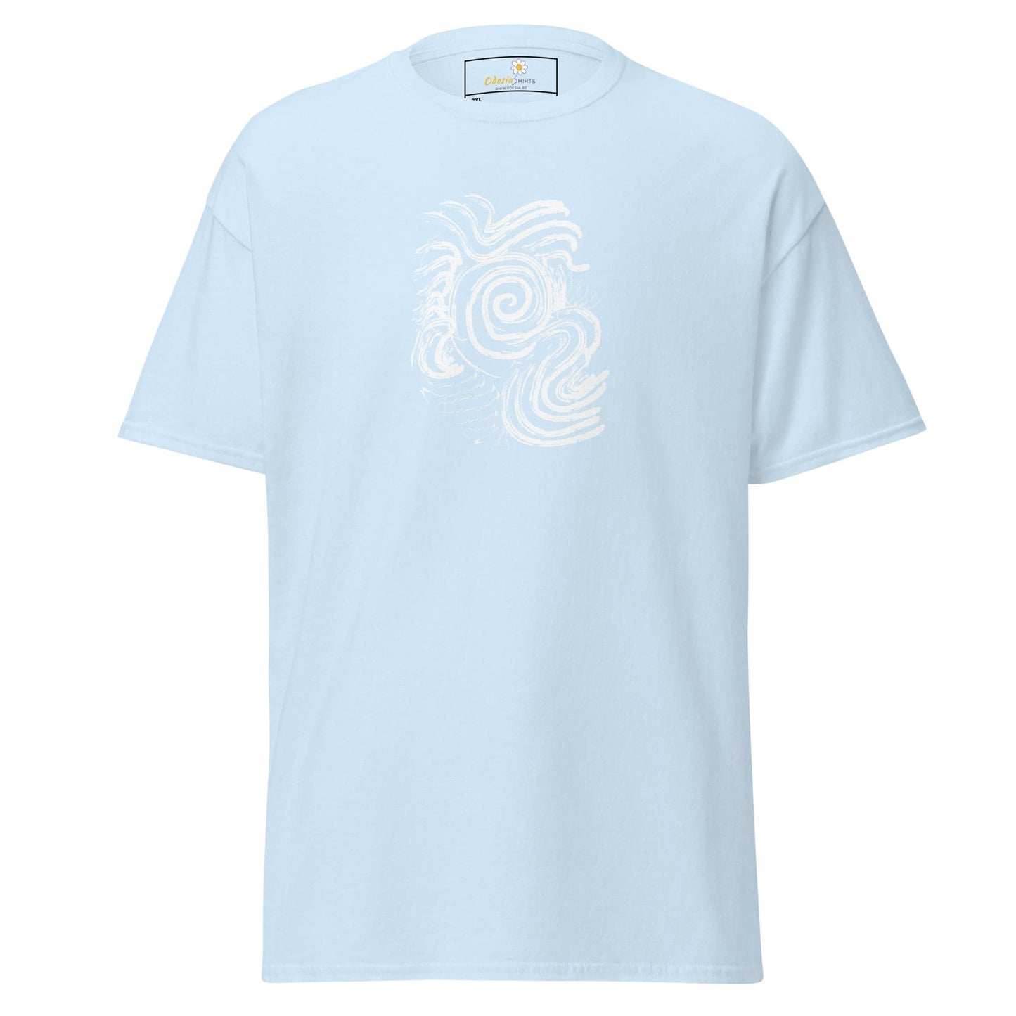 Light blue T-shirt with white design for men and women in sizes 2XL to 5XL