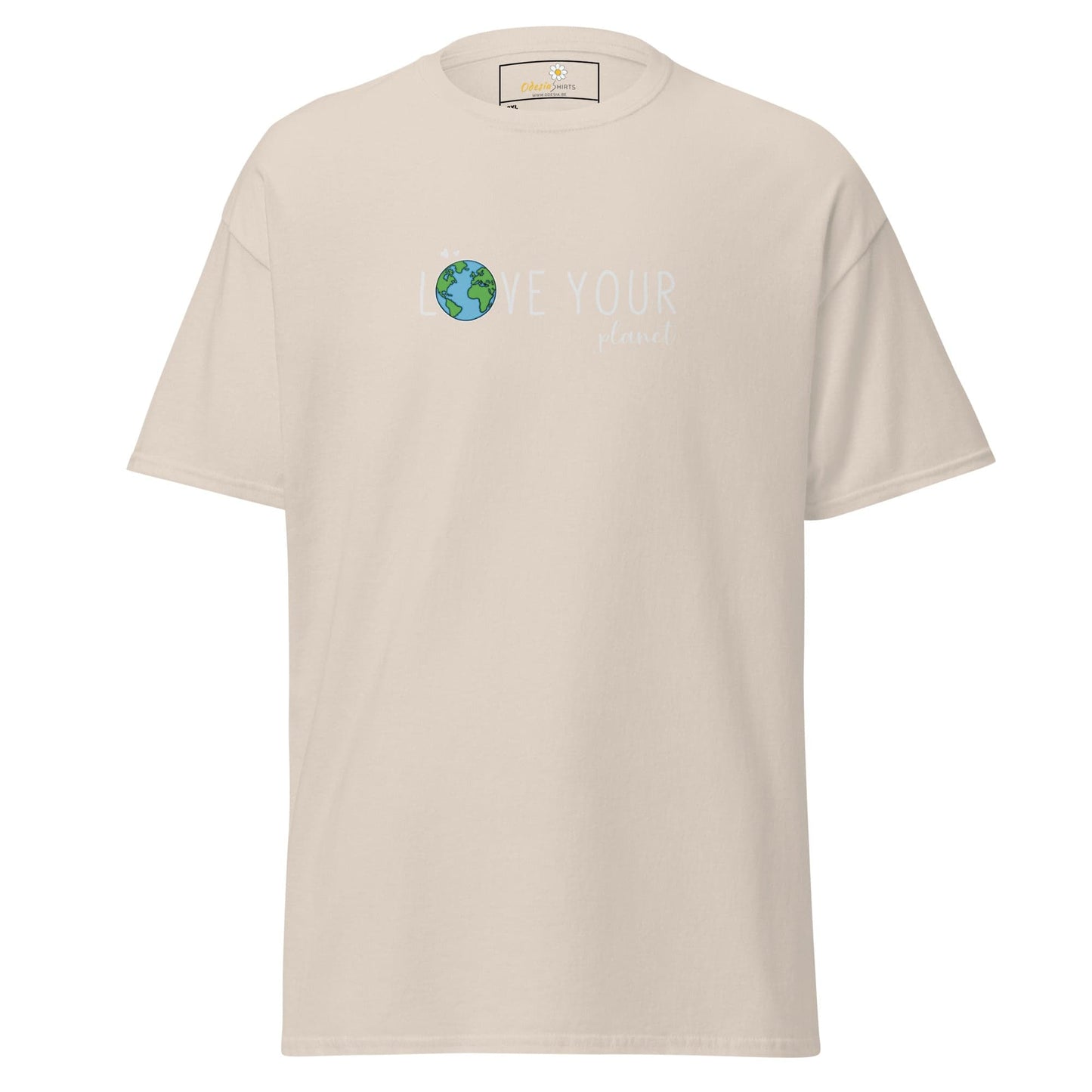 Beige t-shirt with earth graphic.