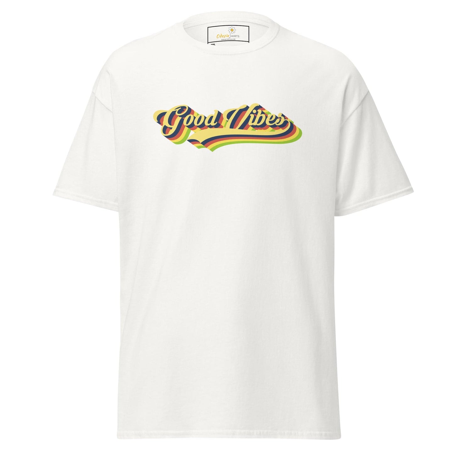 White t-shirt with ’Good Vibes’ graphic.