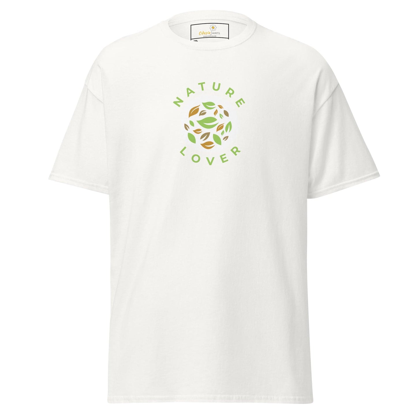 White t-shirt with nature-themed graphic.