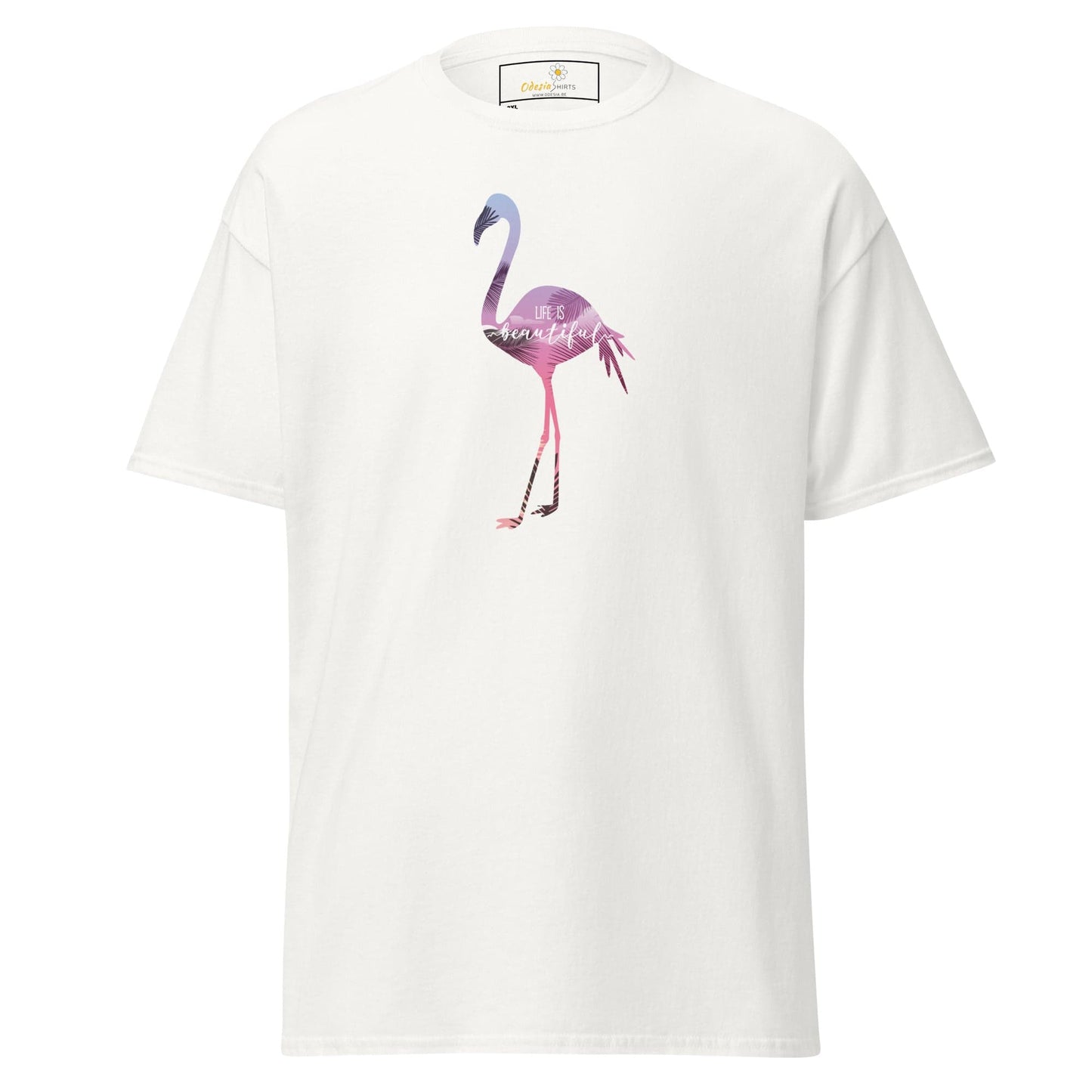 White T-shirt with flamingo graphic for men and women available in 2XL to 5XL sizes