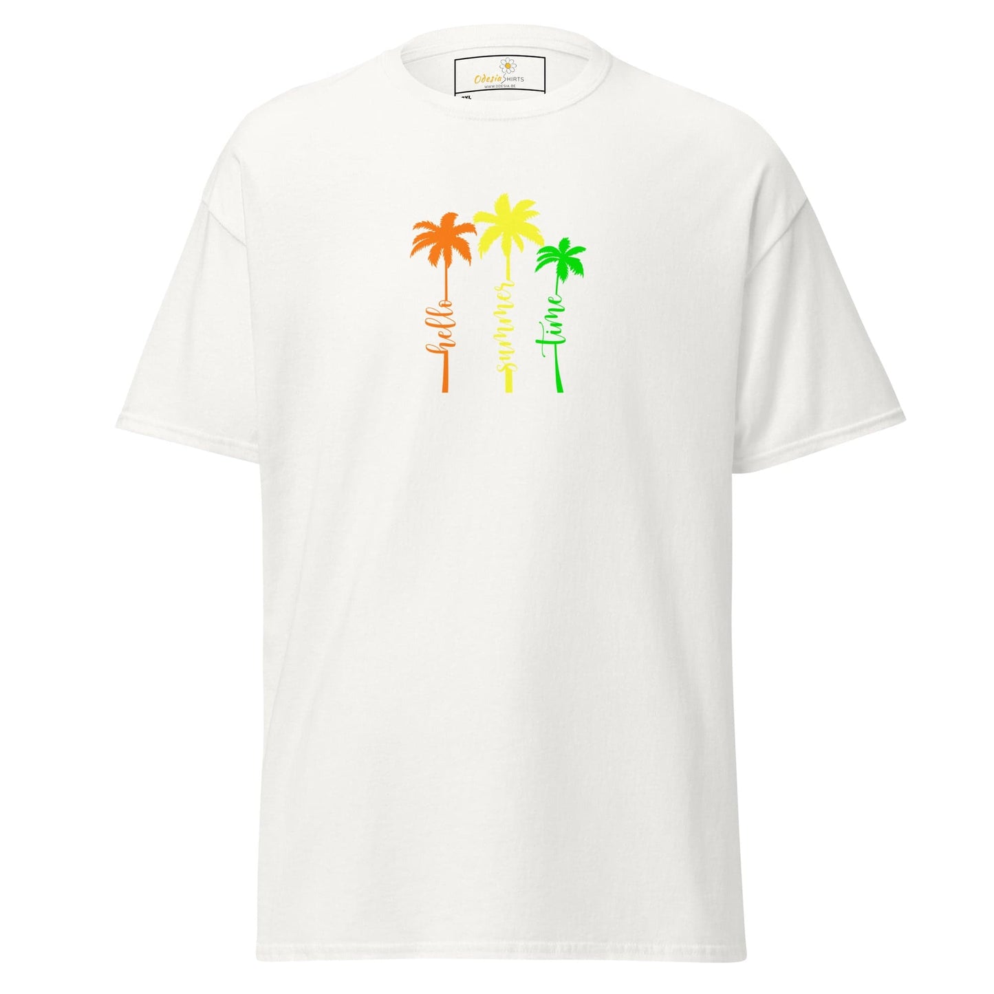 White t-shirt with palm tree design.