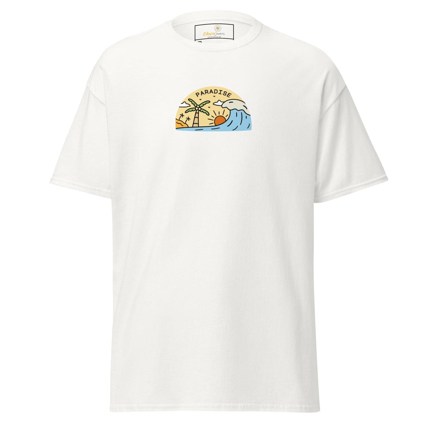 White t-shirt with a beach scene graphic.