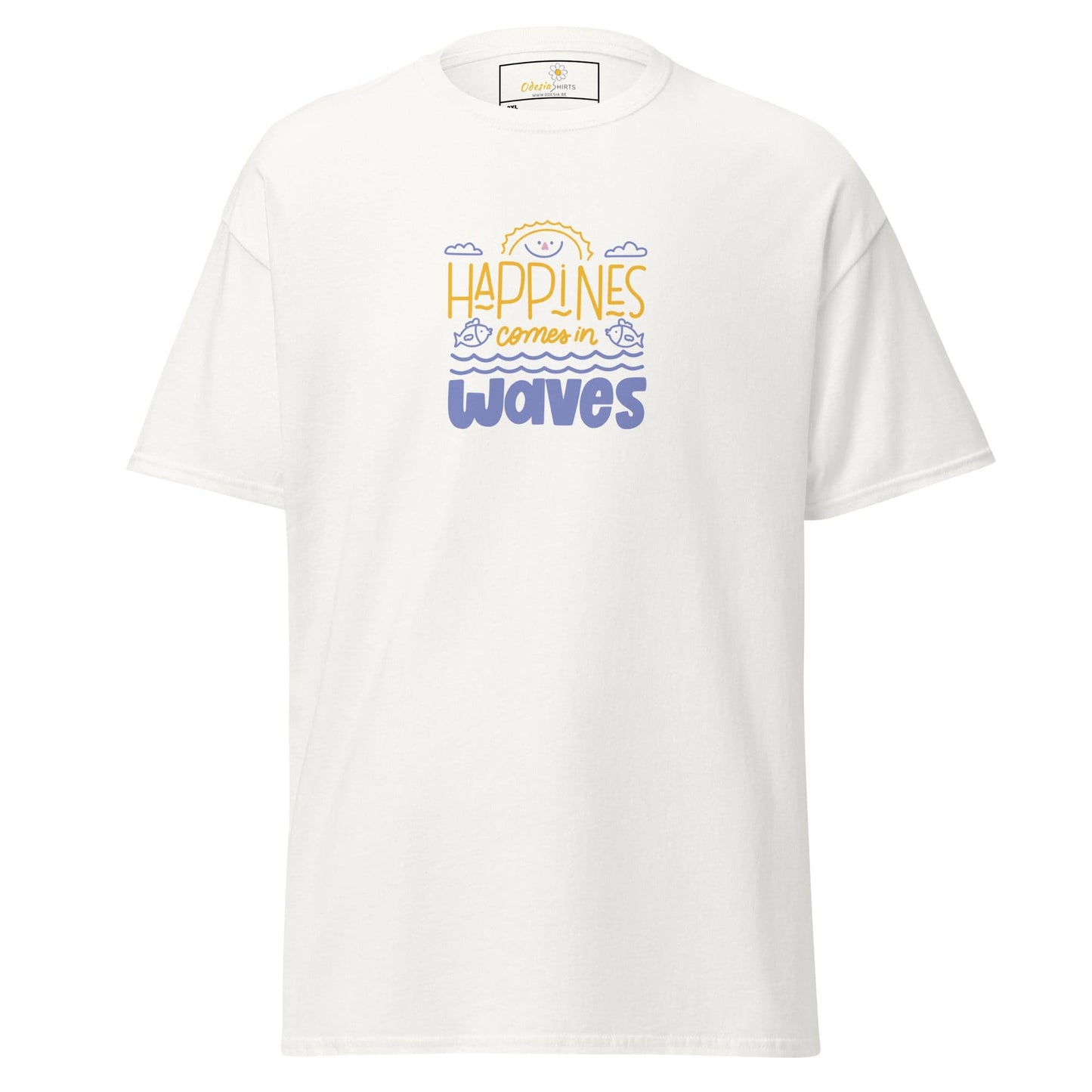 White T-shirt with Happiness Comes in Waves graphic, available in 2XL to 5XL for Men Women