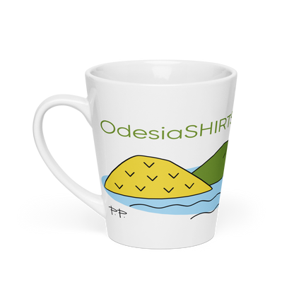 White mug with island design.