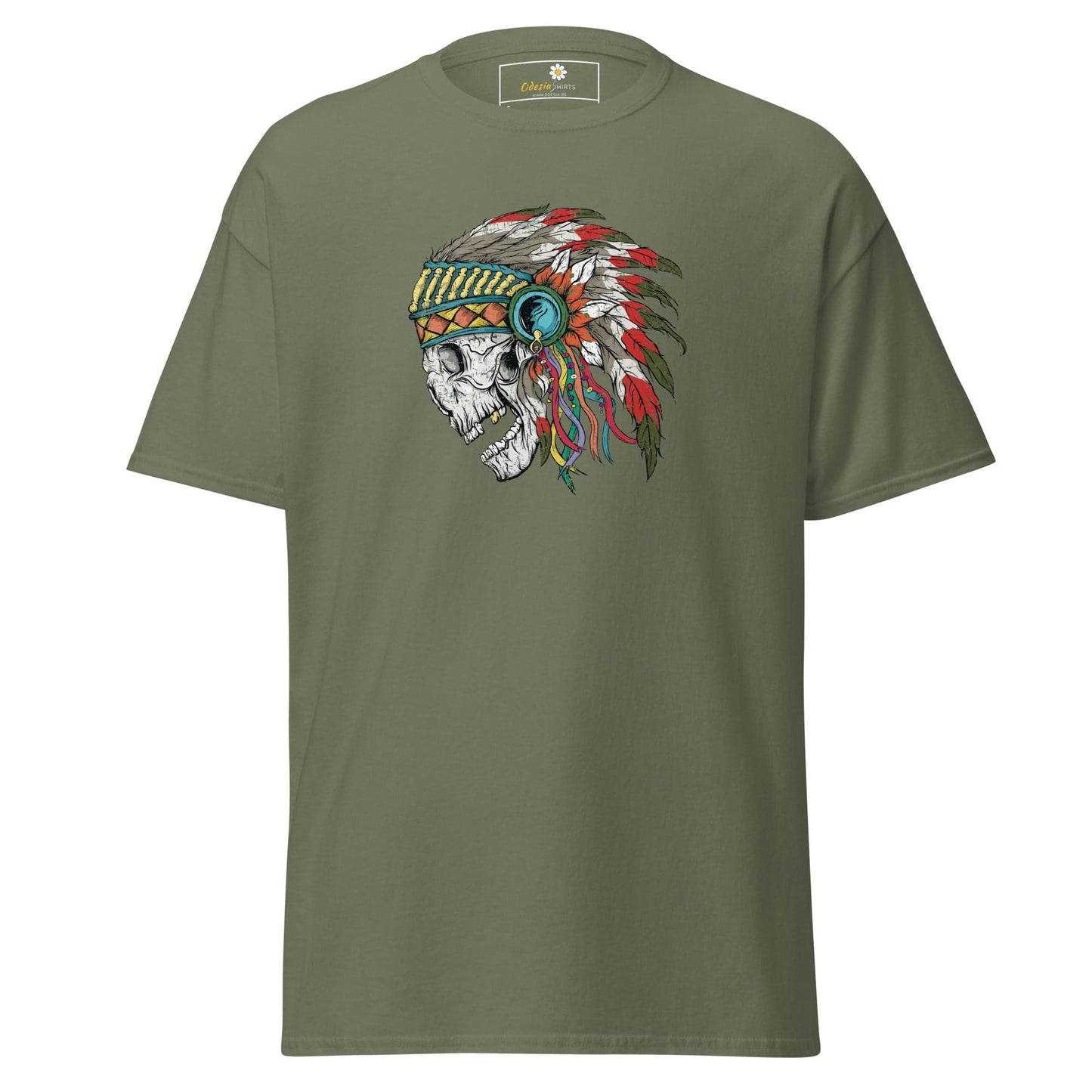 Unisex classic t-shirt - SKULL NATIVE INDIAN - REGULAR - Military Green / S