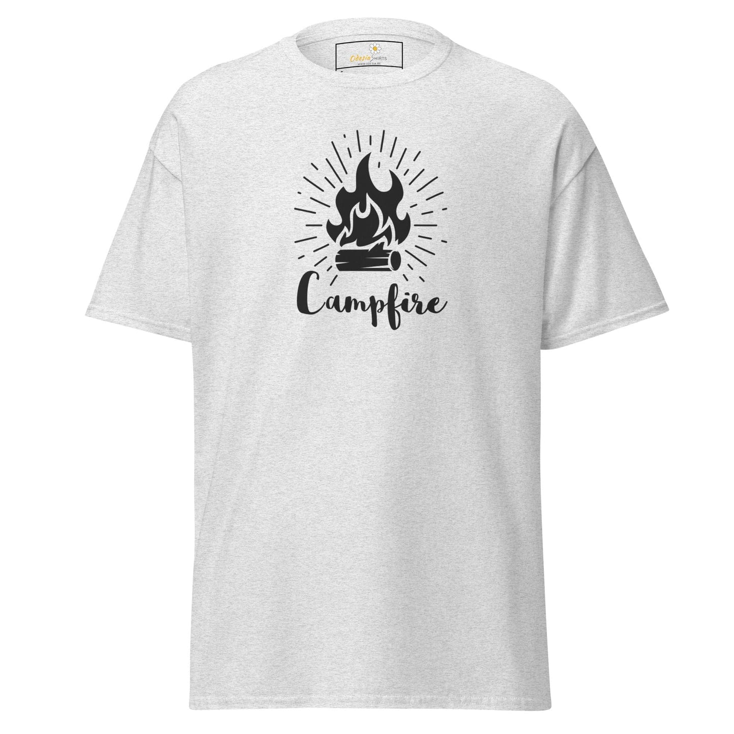 White T-shirt with campfire graphic for men and women, available in sizes S to XL