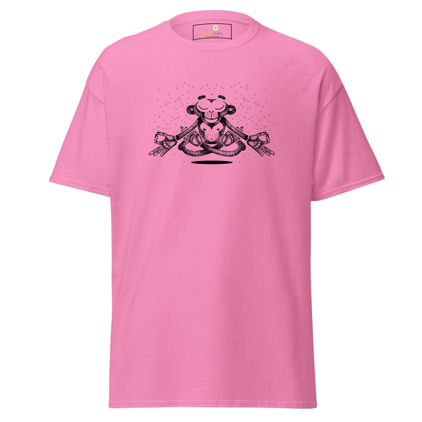 Pink T-shirt with meditating monkey design for men and women, available in sizes S to XL