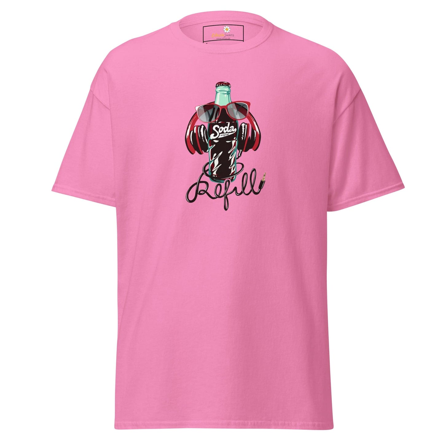 Pink T-shirt with soda bottle graphic for men and women in sizes S to XL