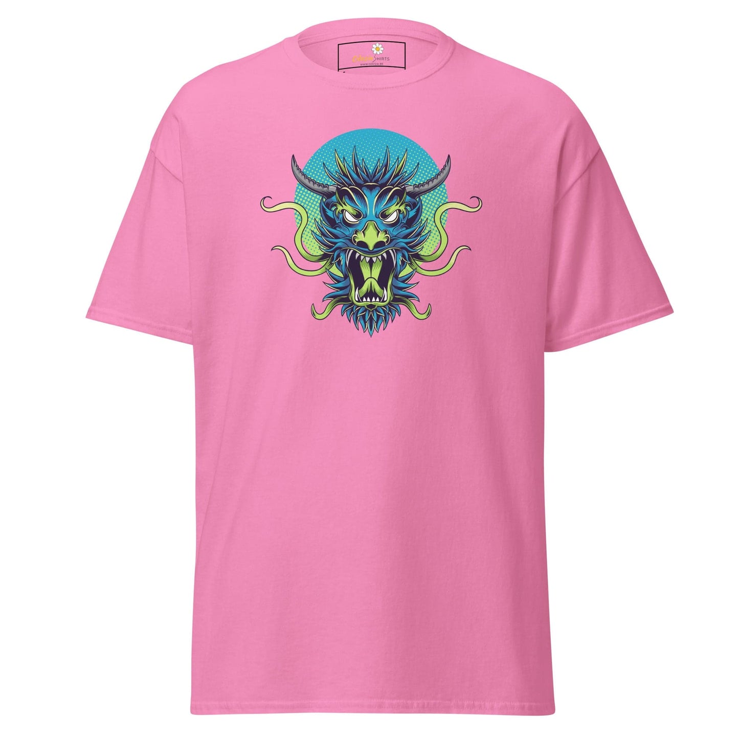 Pink T-shirt with dragon graphic from T-SHIRT DESIGN TEE for Men and Women, available in sizes S to XL
