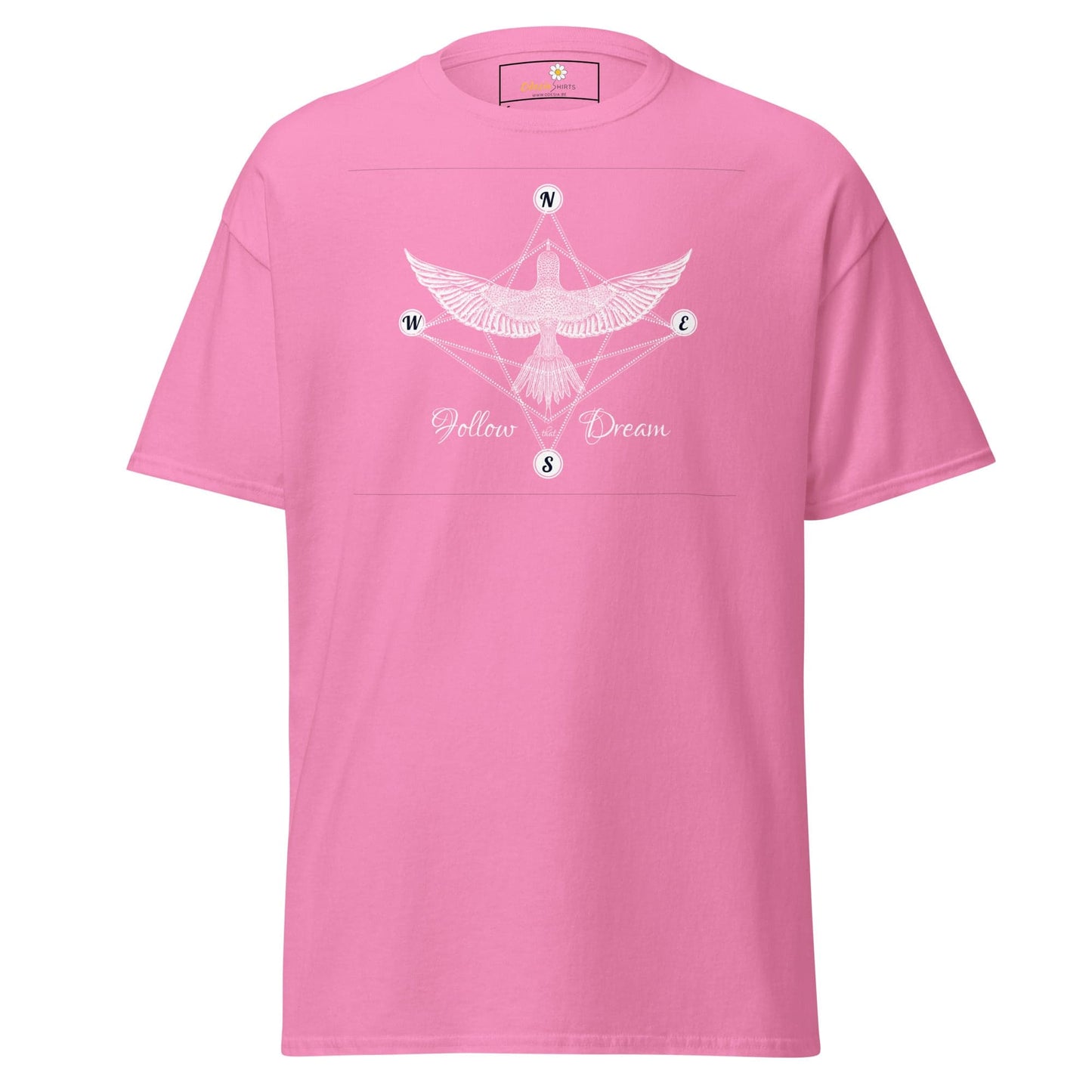 Pink T-shirt featuring a bird design, suitable for men and women, available in S to XL sizes