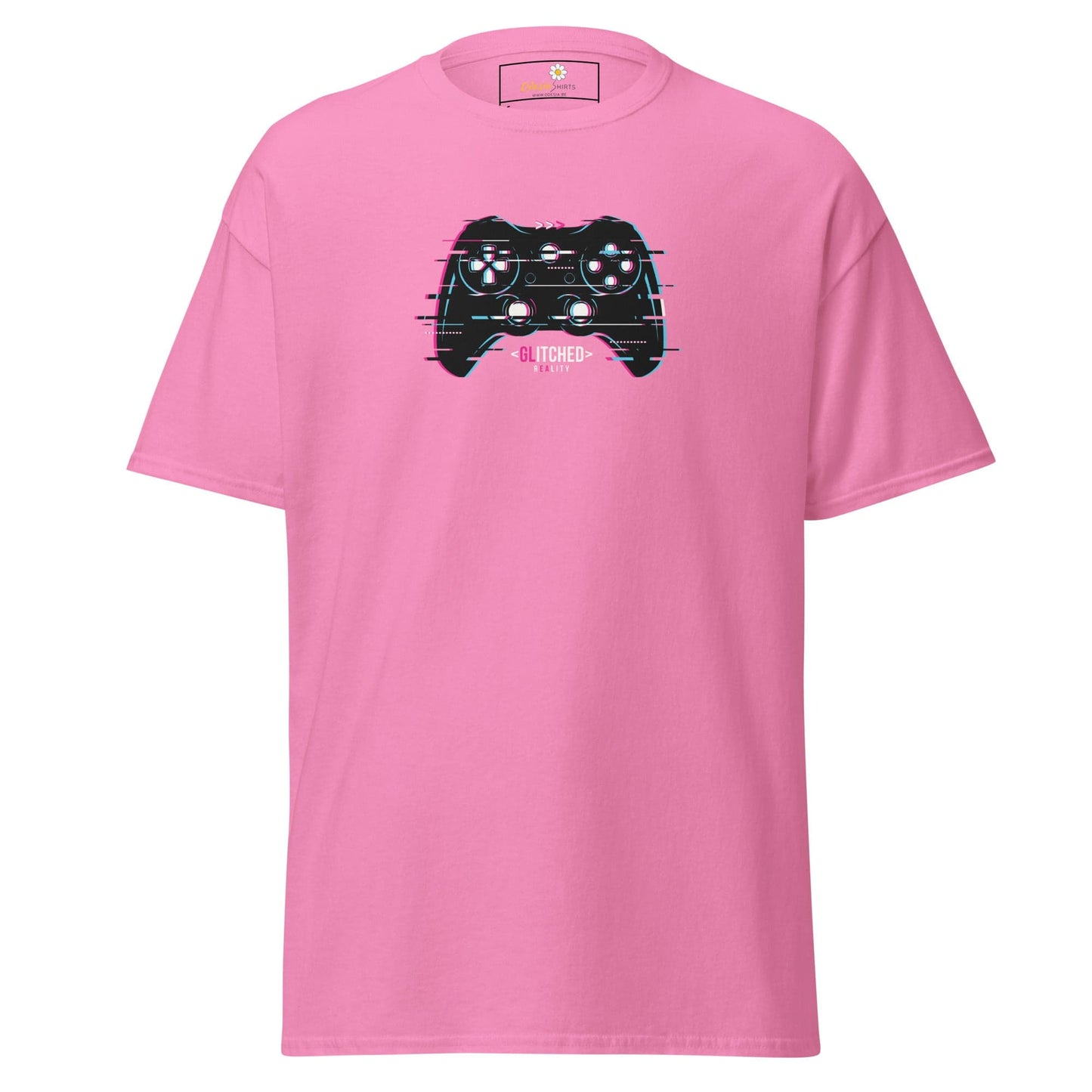 Pink T-shirt with a glitchy game controller design, suitable for men and women sizes S to XL