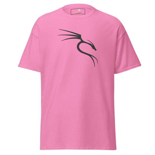 Pink T-shirt with black dragon design for men and women, available in sizes S to XL