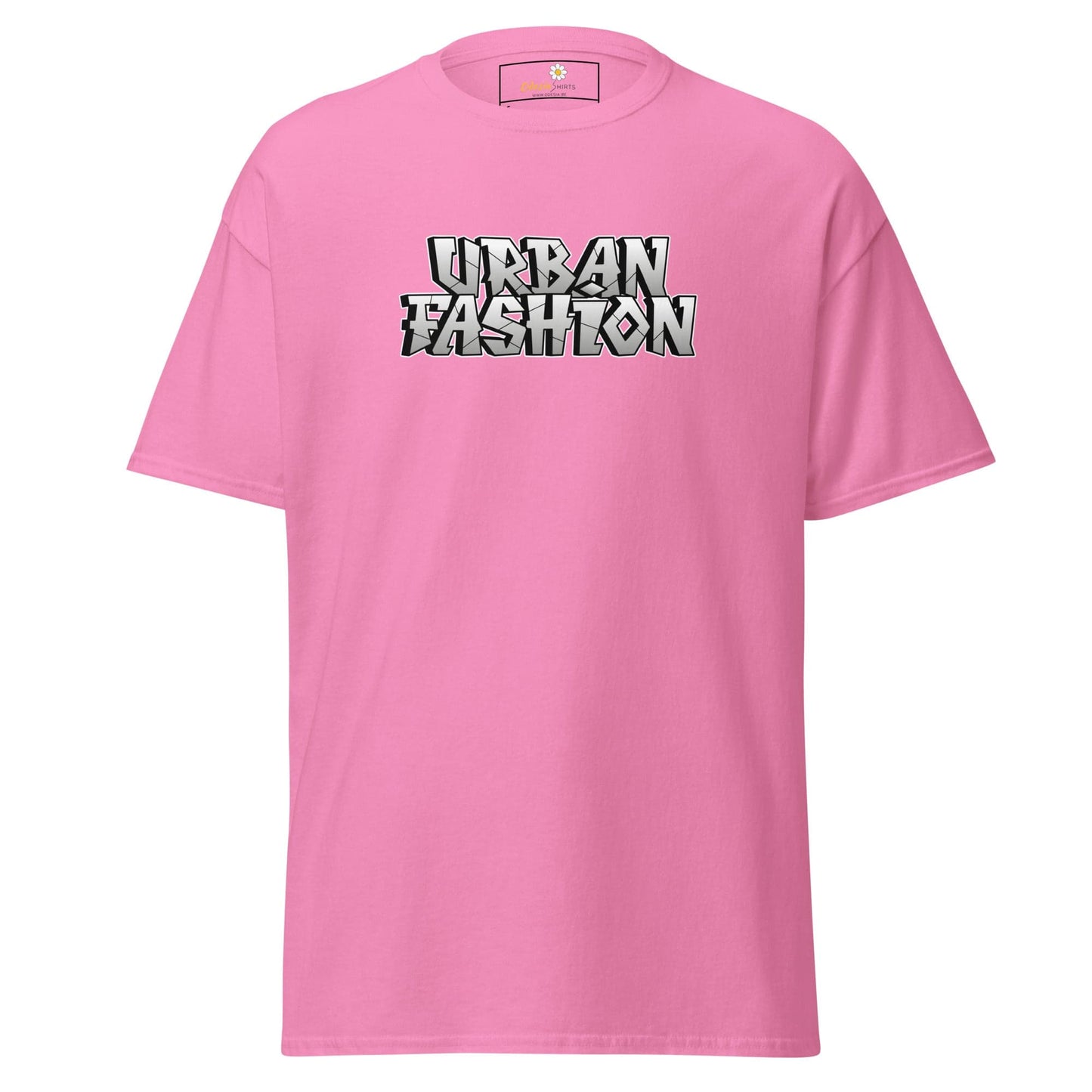 Pink T-shirt with Urban Fashion text, suitable for men and women, available in S to XL sizes
