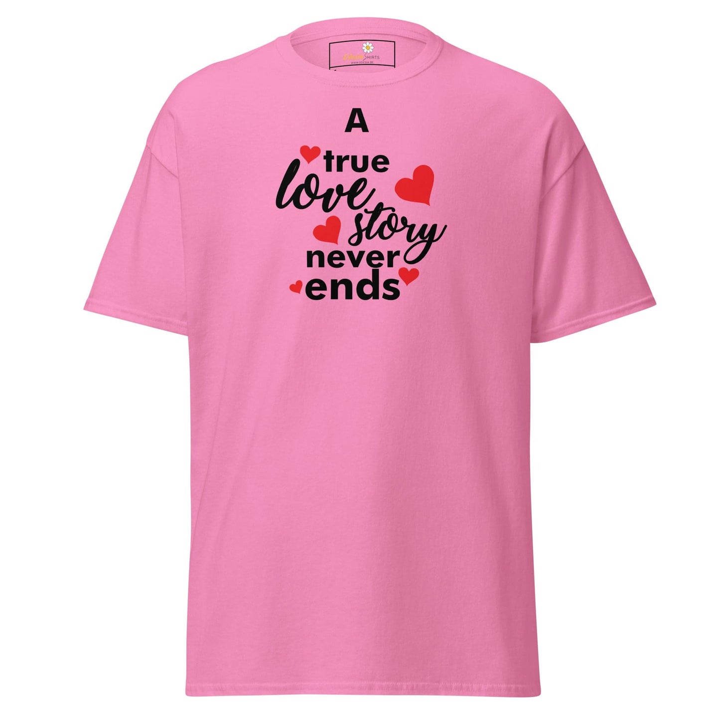Pink T-shirt with love story graphic, unisex design for men and women, available in sizes S to XL