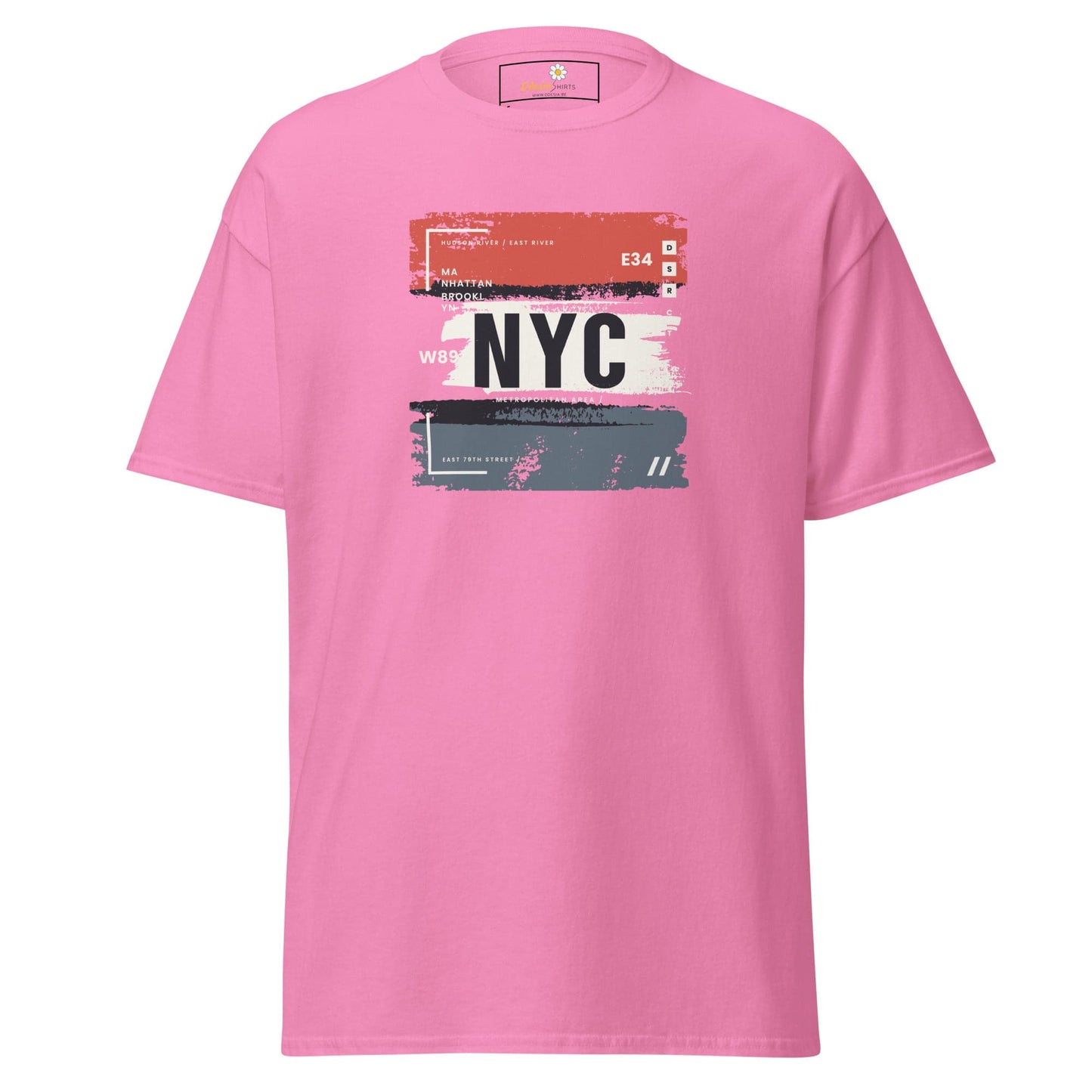Pink T-shirt with New York City graphic for men and women available in sizes S to XL