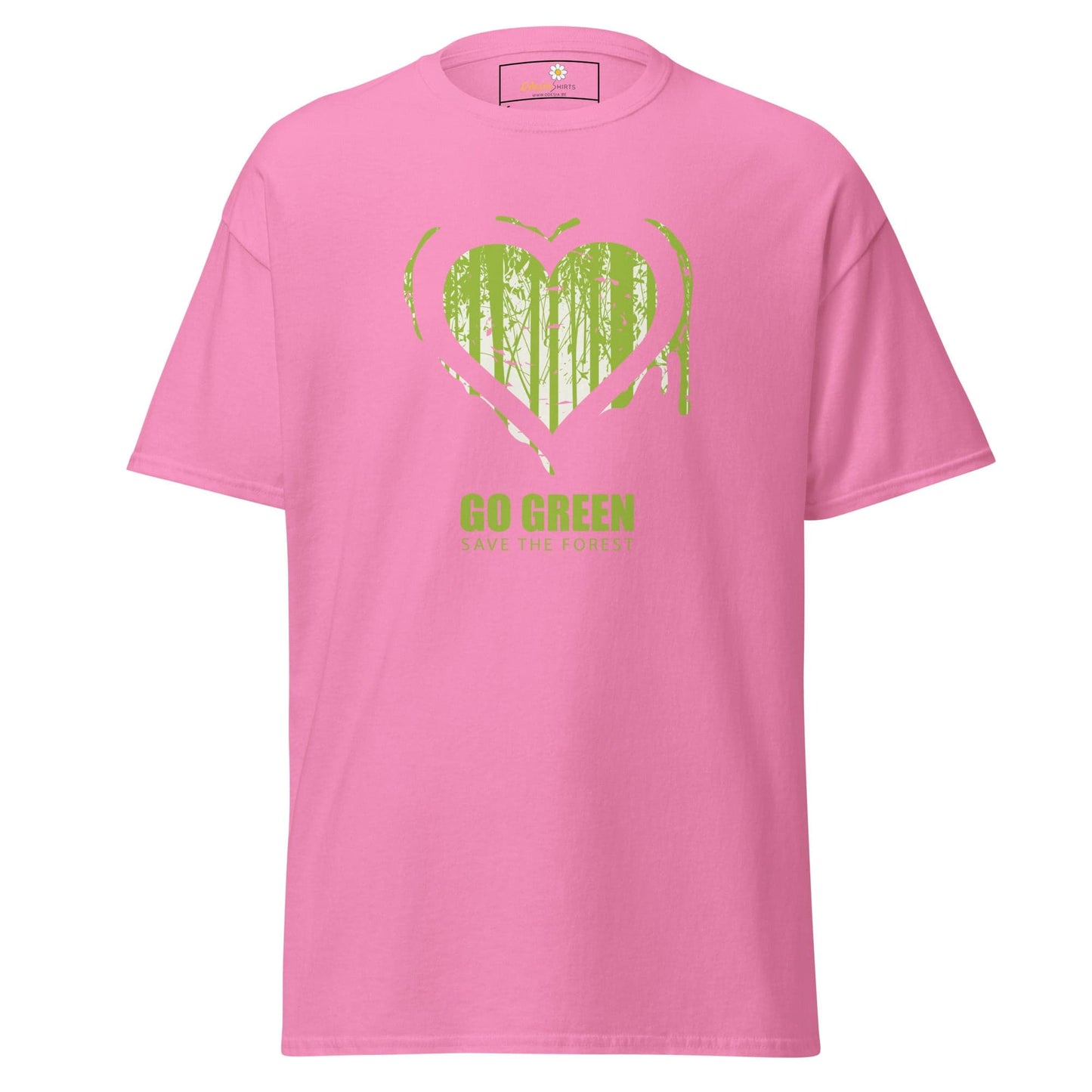 Pink T-shirt with green heart and trees, unisex design available in sizes S to XL