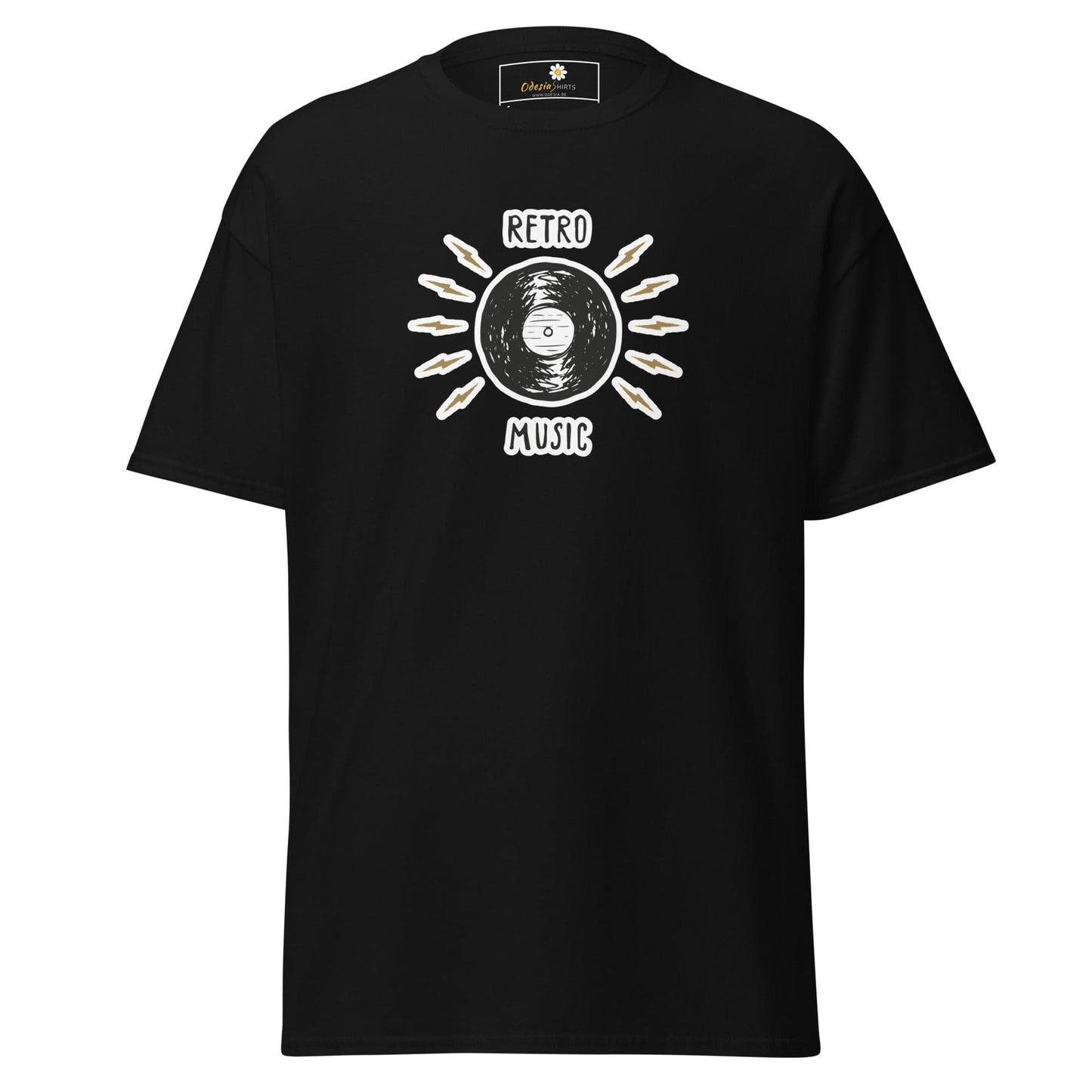 Black T-shirt with retro music design for men and women, available in sizes S to XL