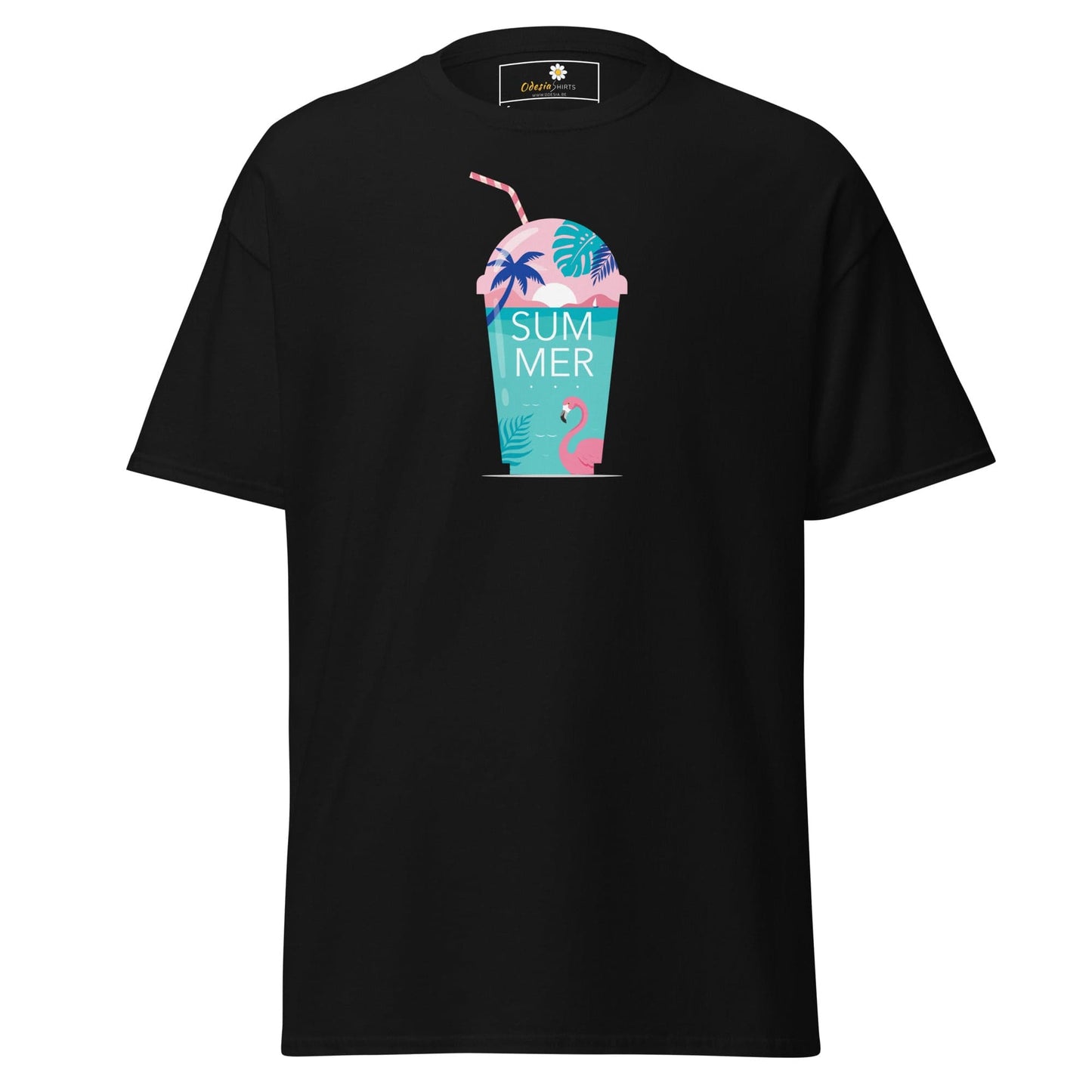 Black T-shirt with summer drink graphic featuring unisex design for S to XL sizes