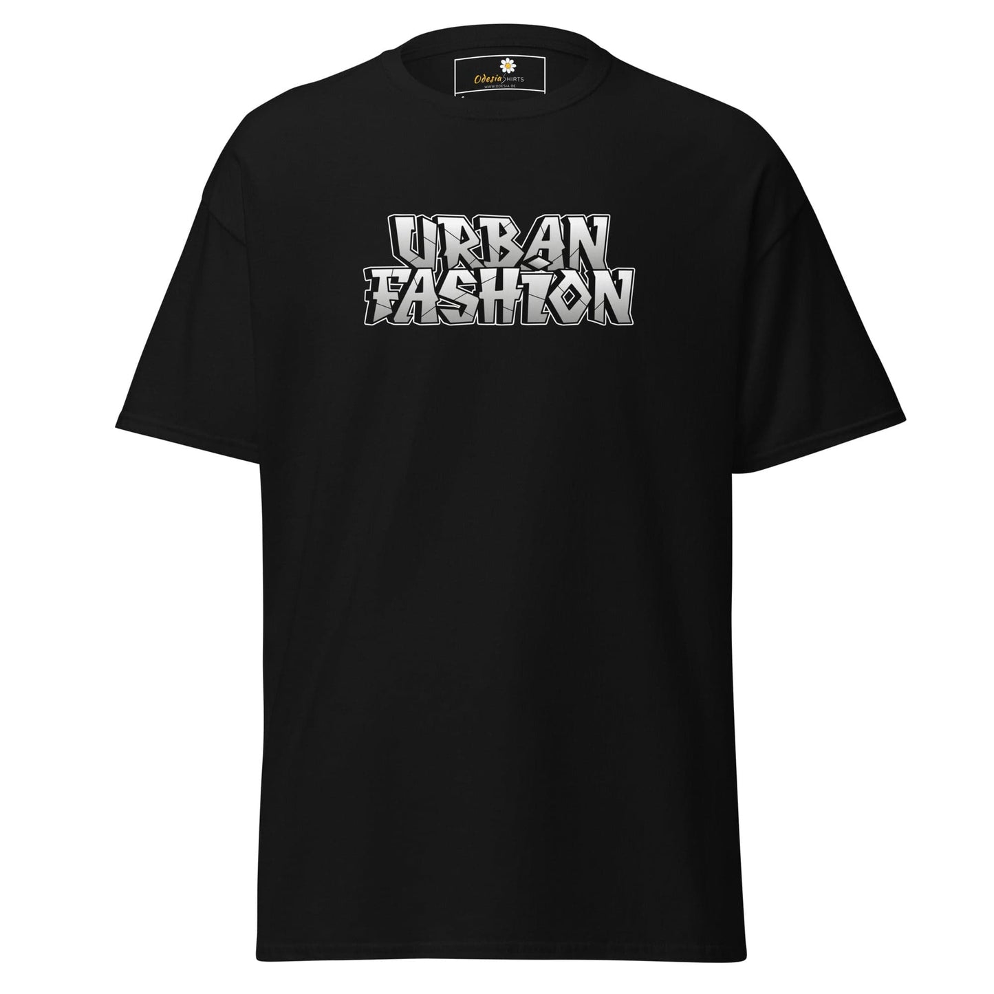 Black T-shirt displaying Urban Fashion text, suitable for men and women sizes S to XL