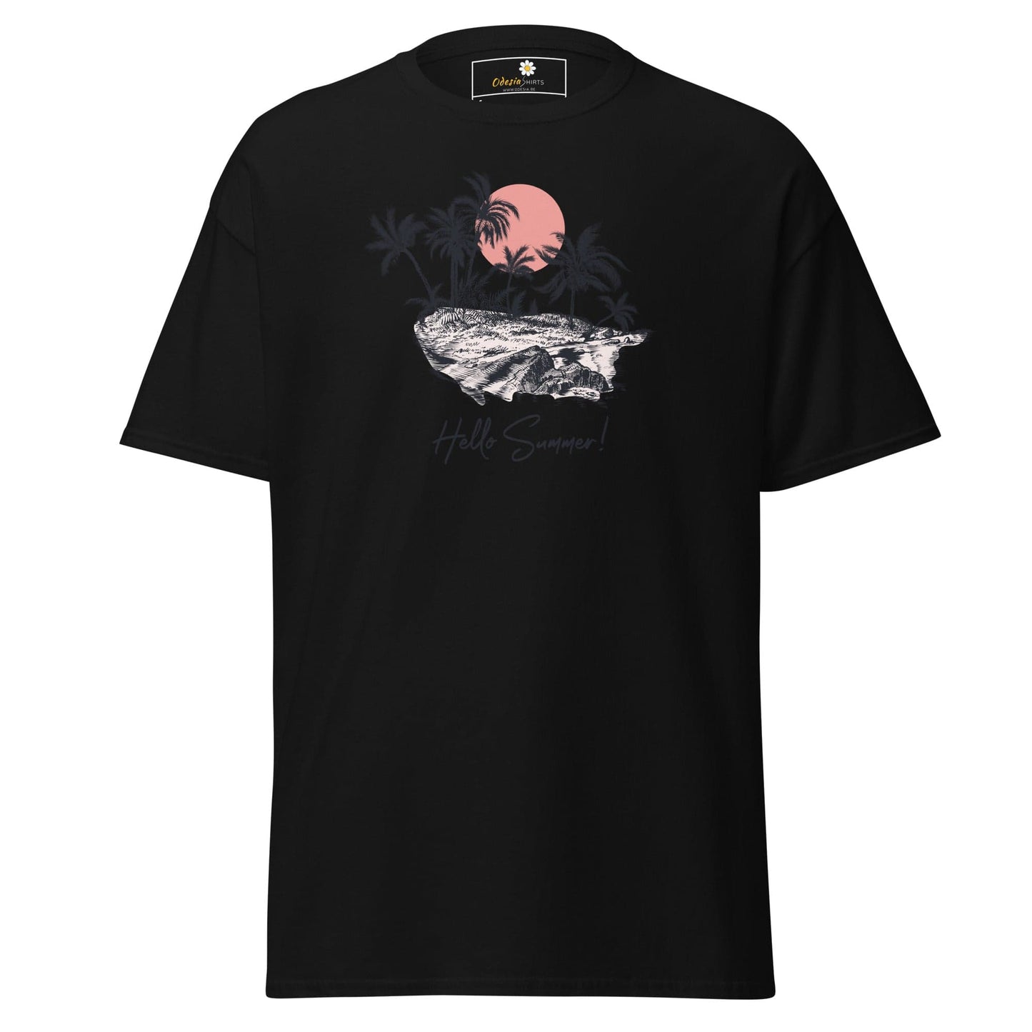Black T-shirt with beach graphic for men and women available in sizes S to XL