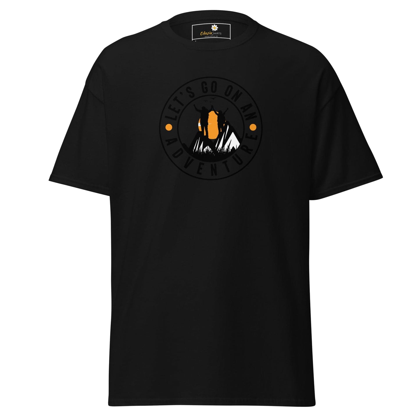 Black T-shirt with adventure graphic, available in S to XL for men and women