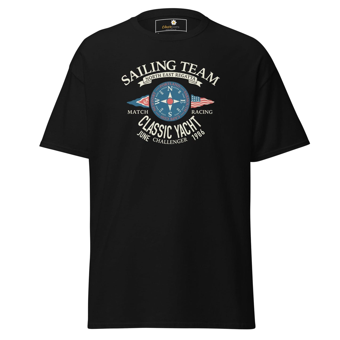 Black T-shirt with sailing graphic for men and women in sizes S to XL
