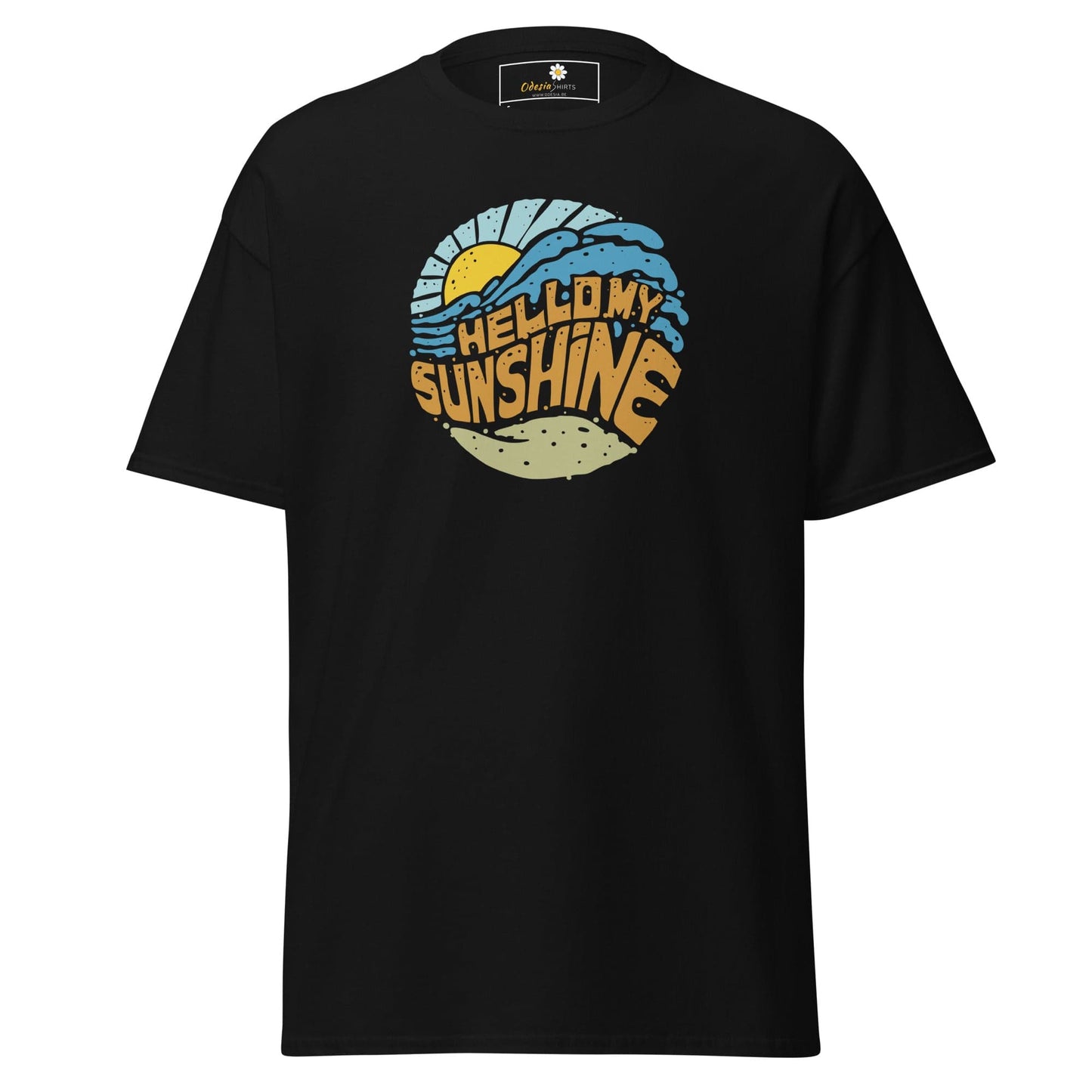 Black T-shirt with Hello My Sunshine graphic, available in S to XL for men and women