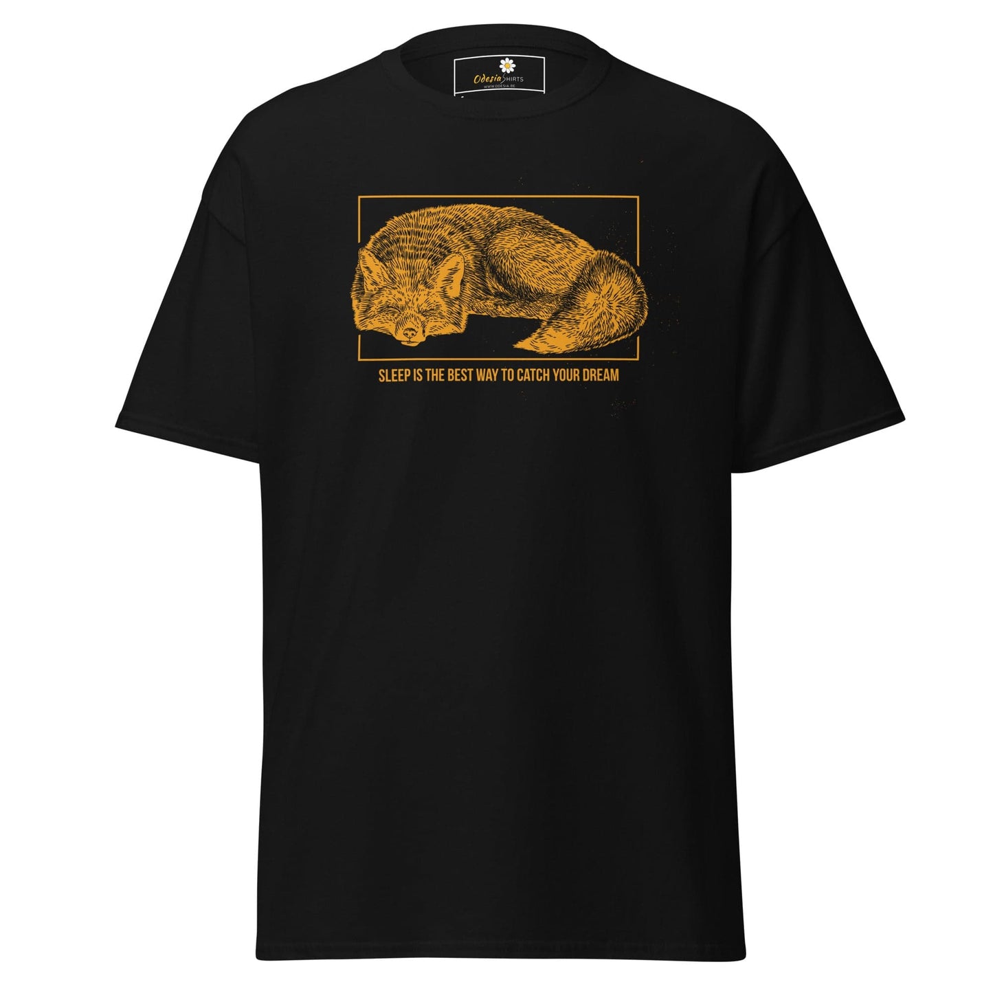 Black T-shirt with a fox graphic, suitable for men and women in S to XL sizes