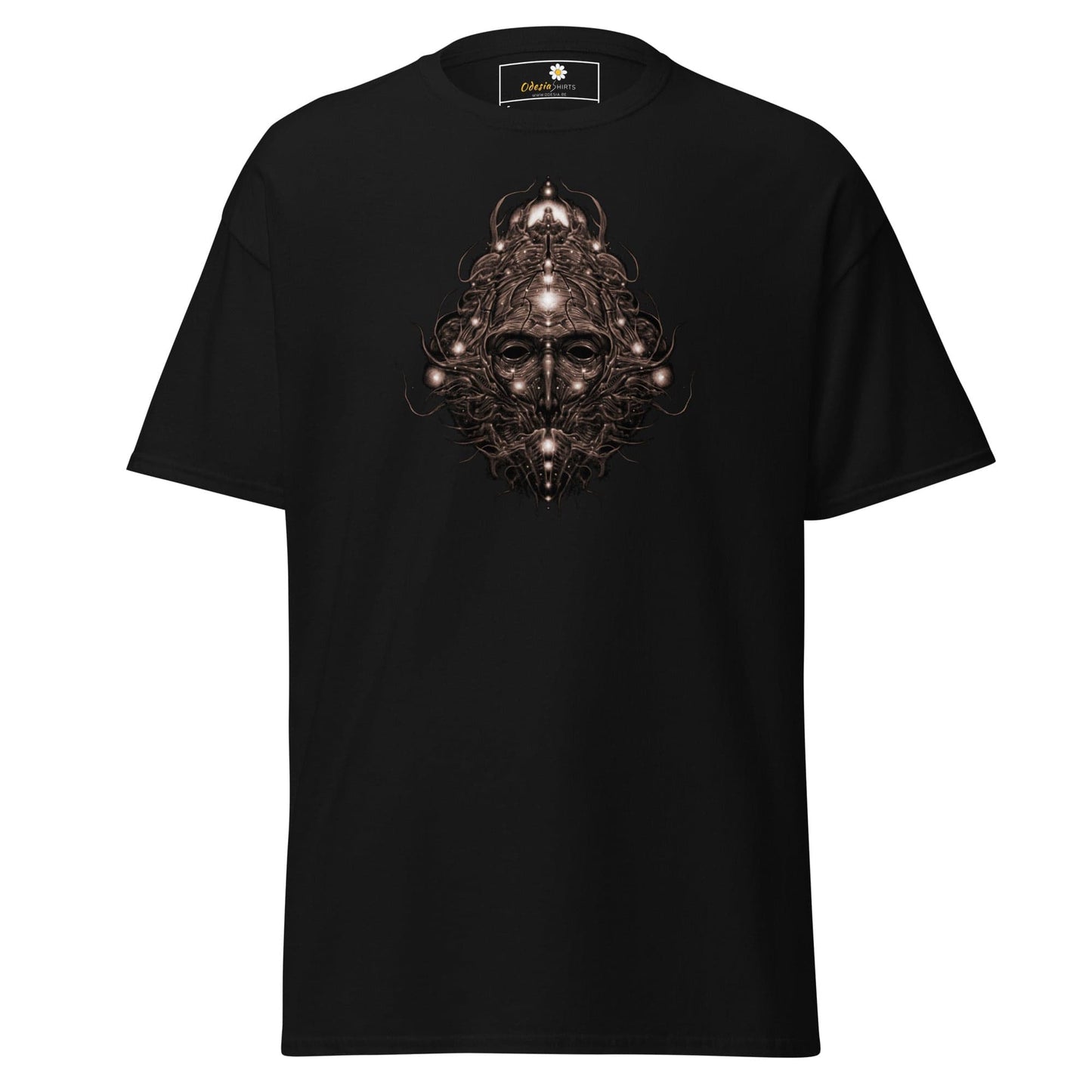 Black T-shirt with ornate face design from T-Shirt Design Tee for men and women