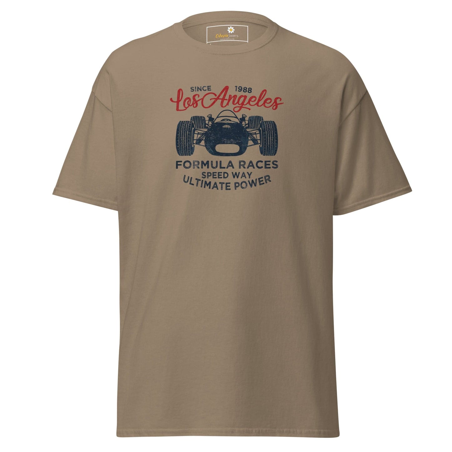 Khaki T-shirt with car graphic suitable for men and women in size S to XL