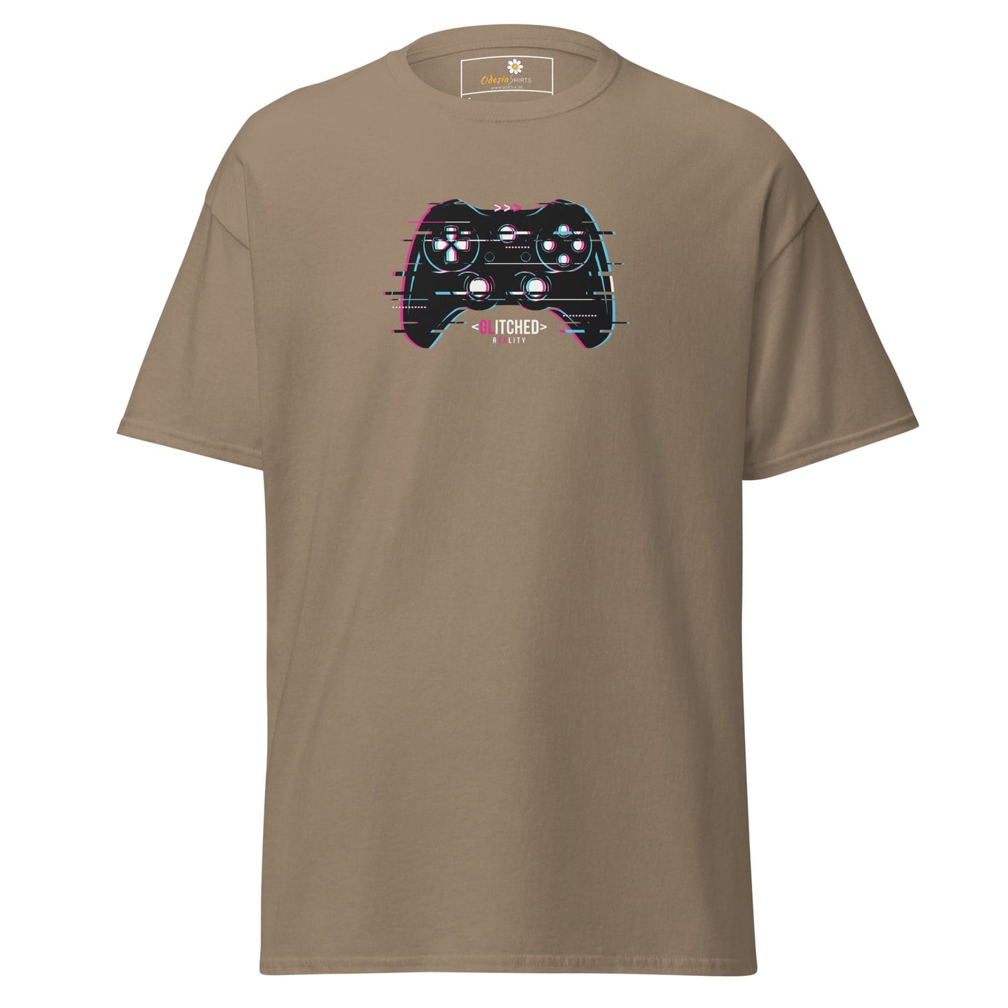 Khaki T-shirt featuring a glitchy game controller design for men and women