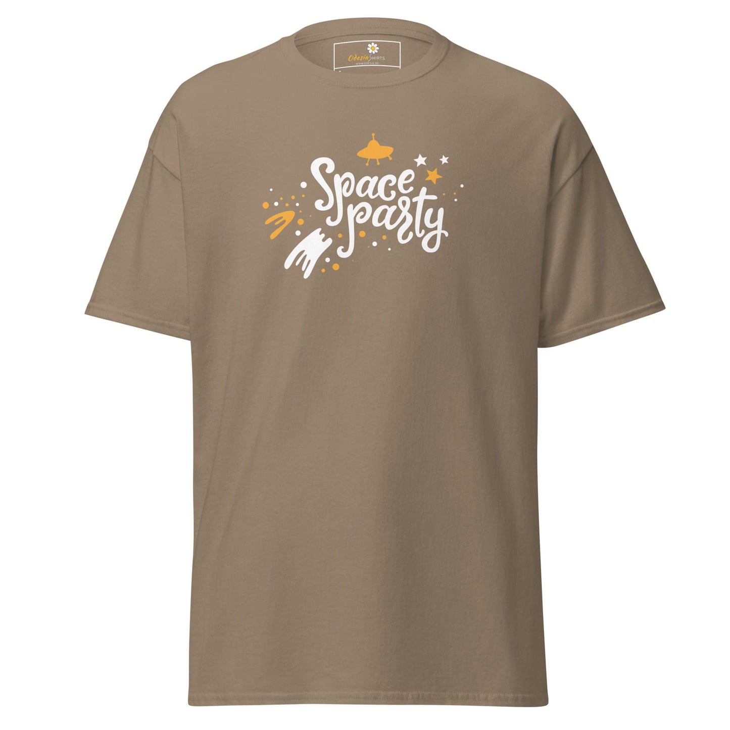 Khaki T-shirt featuring a space party graphic for Men and Women in Sizes S to XL
