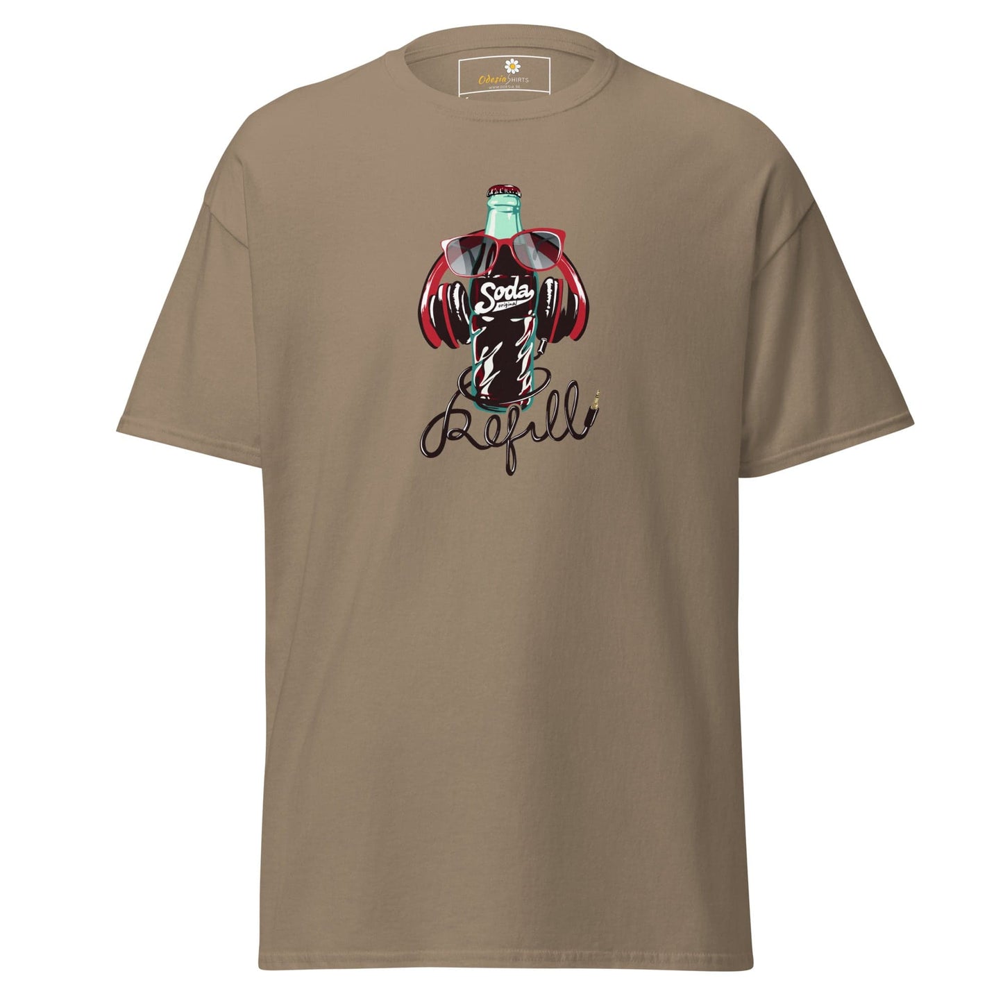 Khaki T-shirt featuring a soda bottle graphic for Men and Women sizes S to XL