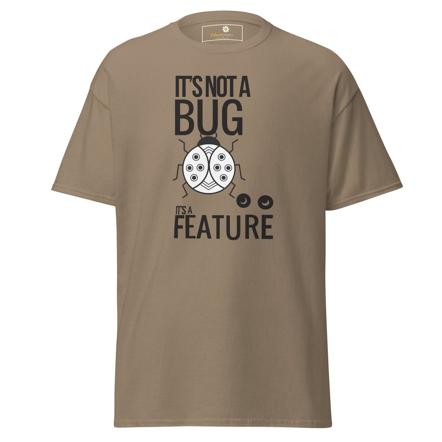 Khaki T-shirt with bug graphic for men and women, available in sizes S to XL