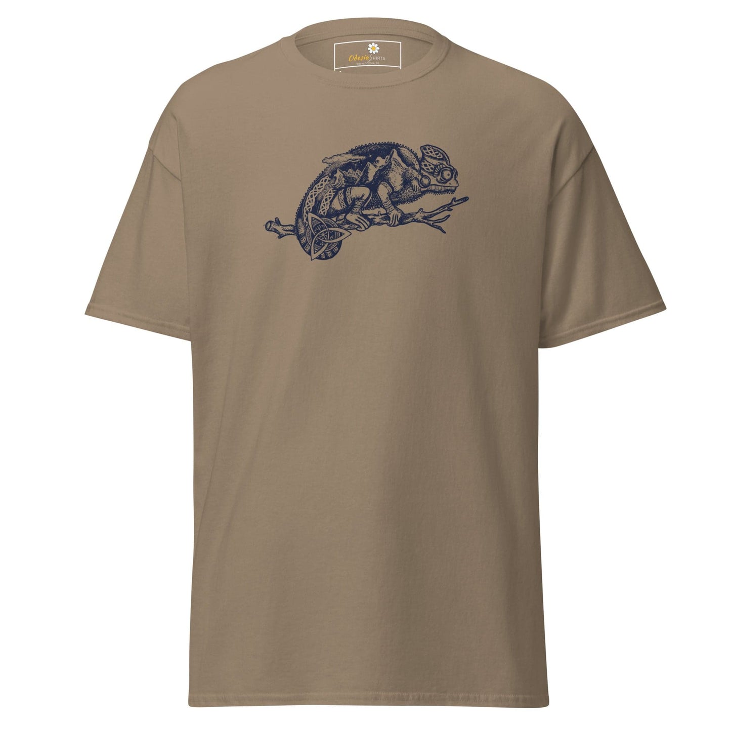 Khaki T-shirt with chameleon graphic for men and women in sizes S to XL