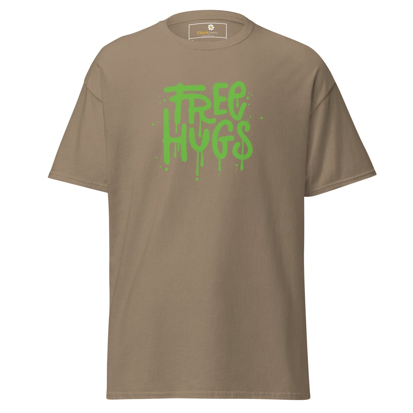Khaki T-shirt for men and women with green Free Hugs graphic from T-Shirt Design Tee collection
