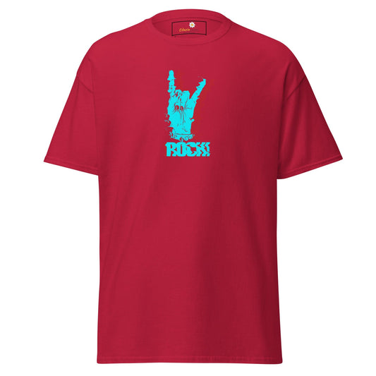 Red T-shirt with rock hand graphic for men and women, available in S to XL sizes