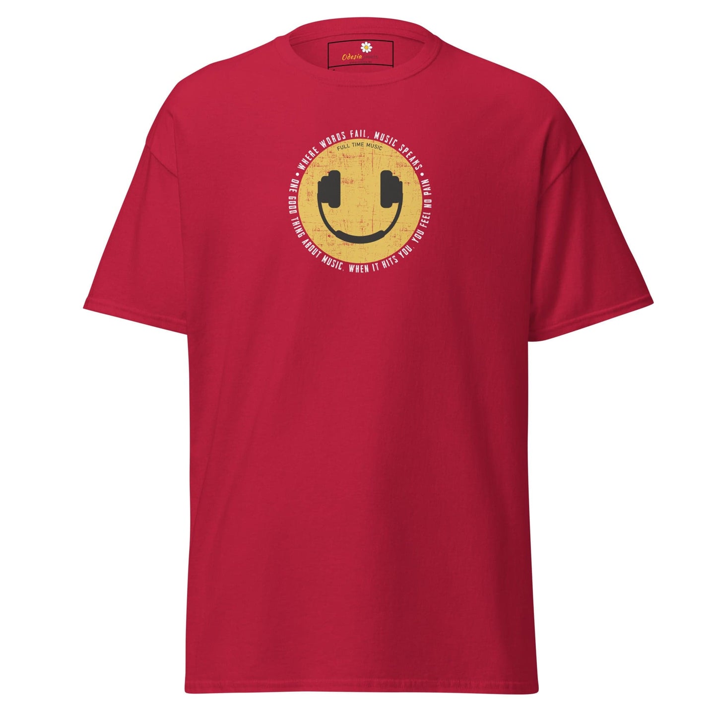 Red T-shirt with smiley face and headphones, ideal for men and women S to XL