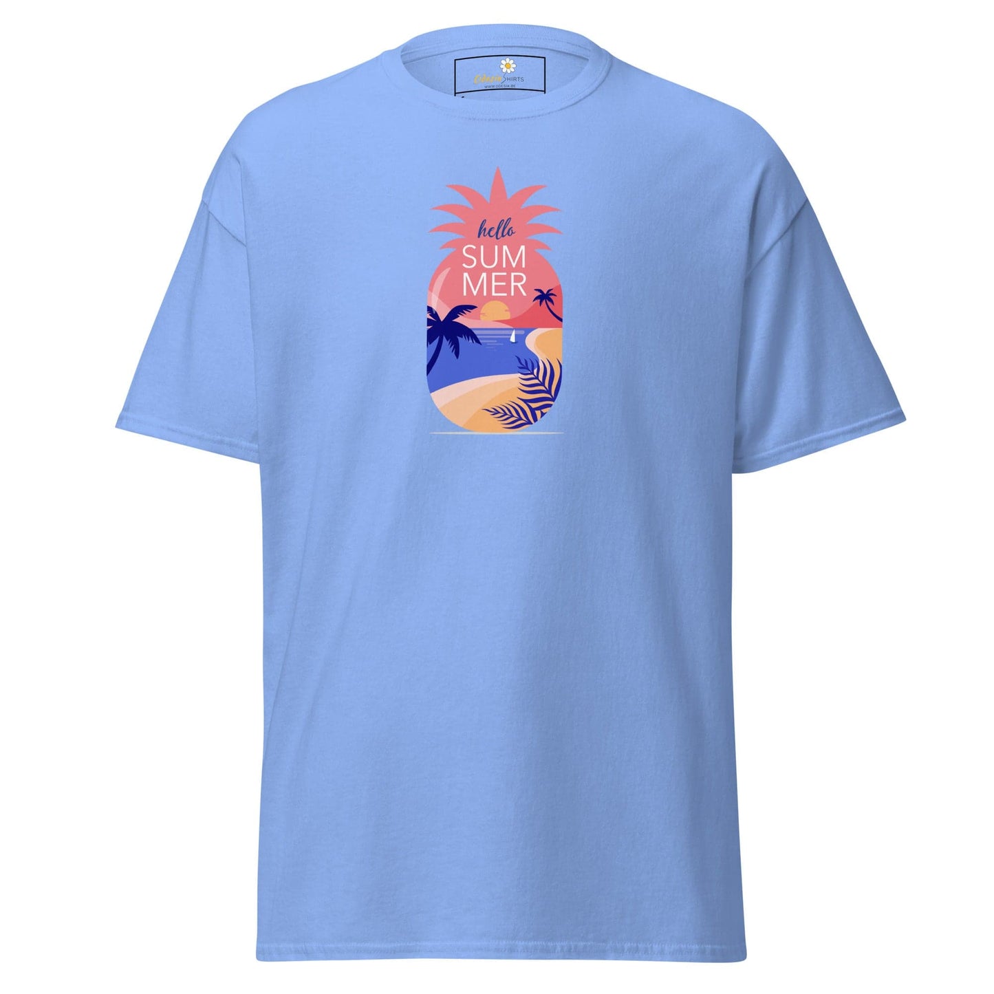 Light blue T-shirt with pineapple summer design for men and women in sizes S to XL