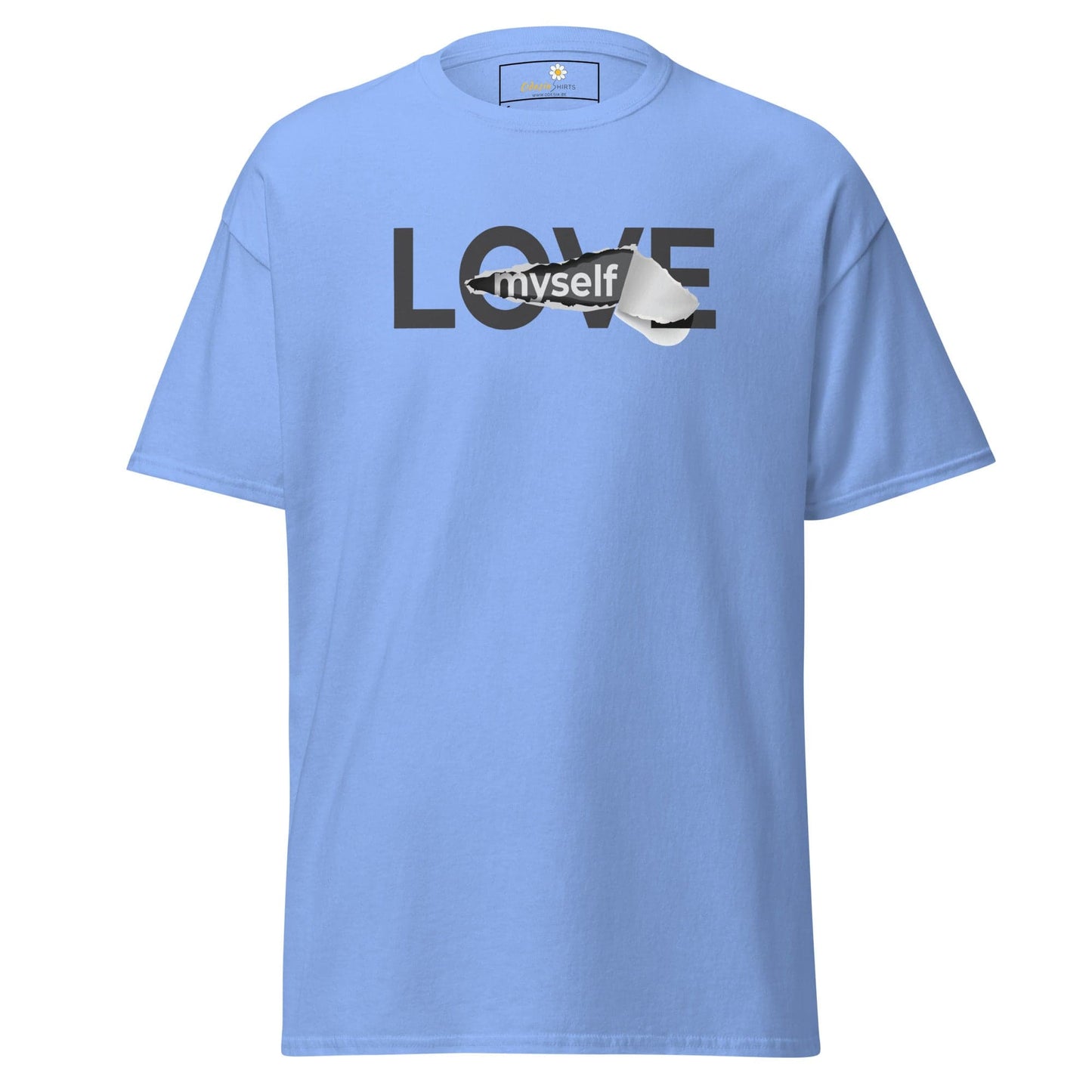 Light blue T-shirt with LOVE myself graphic from T-SHIRT DESIGN TEE for men and women