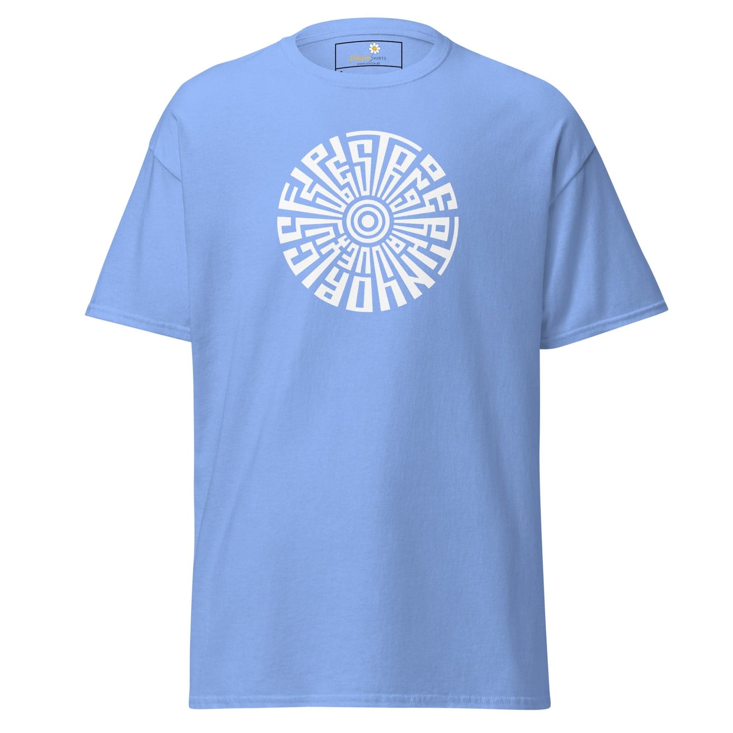Light blue T-shirt for men and women with circular white design, available in sizes S to XL