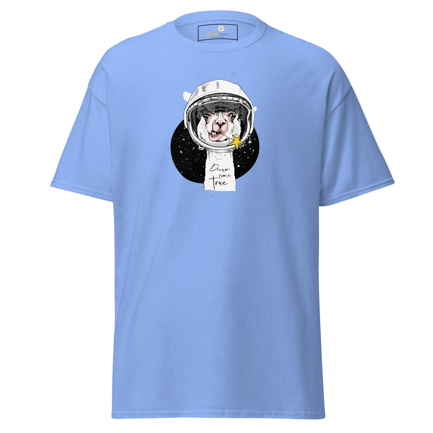 Light blue T-shirt featuring astronaut llama graphic for men and women sizes S to XL