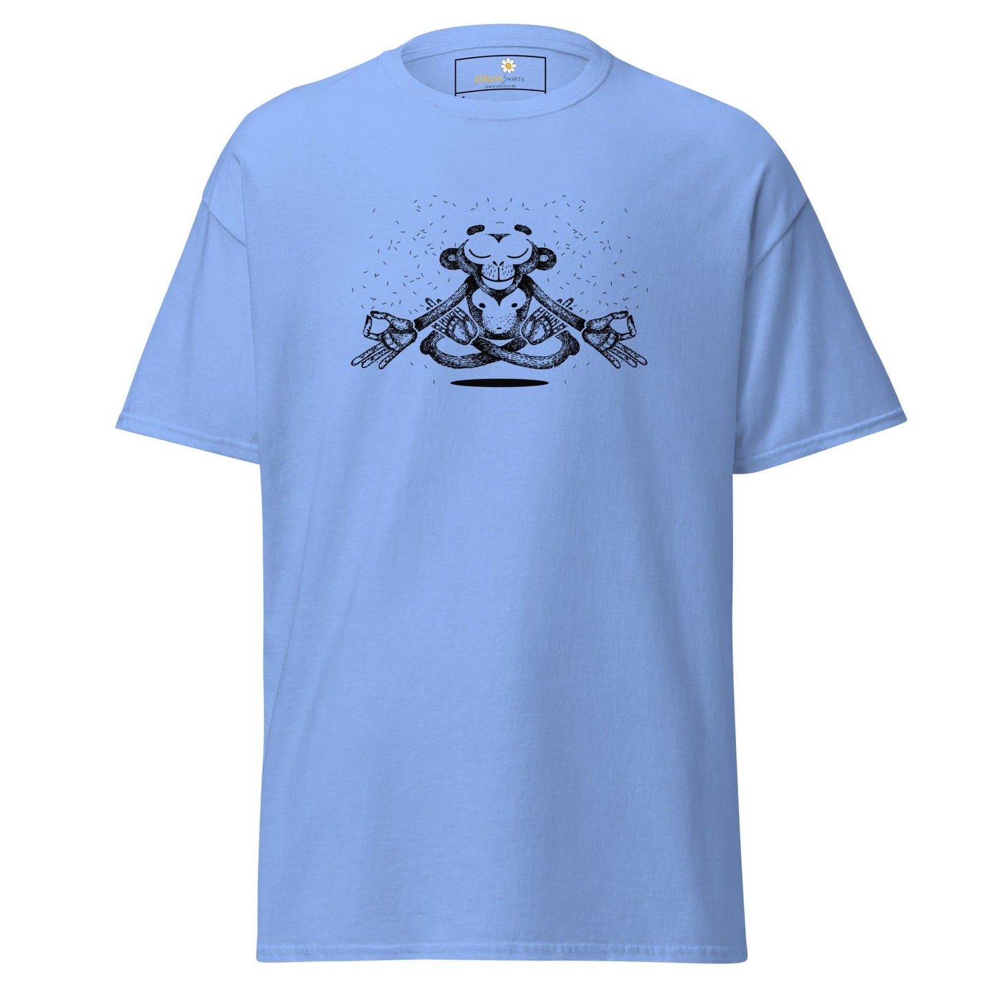 Light blue T-shirt with meditating monkey graphic for men and women in S to XL sizes