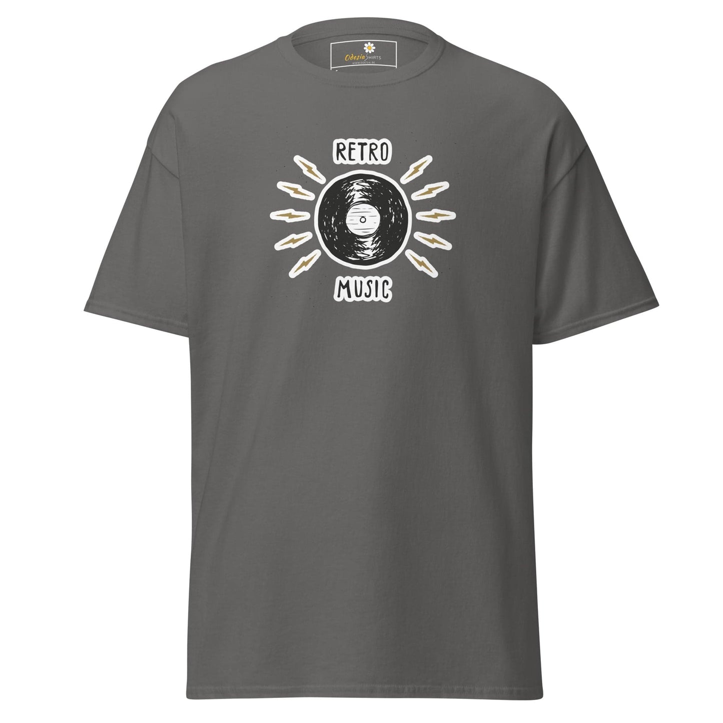 Gray T-shirt featuring retro music design for Men and Women available in sizes S to XL