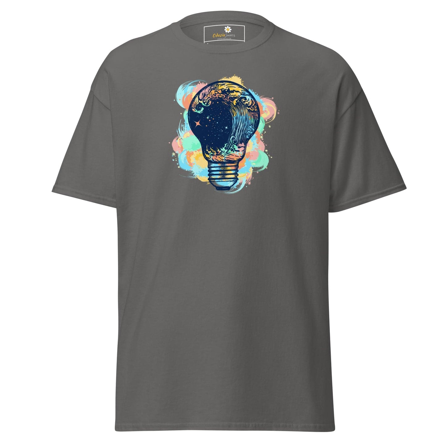 Gray T-shirt with lightbulb design, suitable for men and women in size S to XL