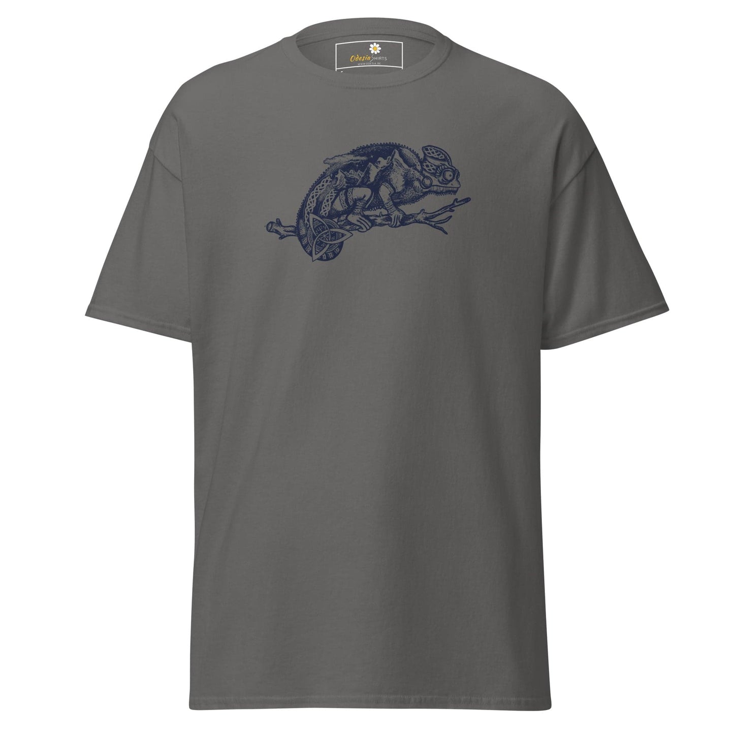 Gray T-shirt with chameleon graphic, suitable for men and women, available in sizes S to XL