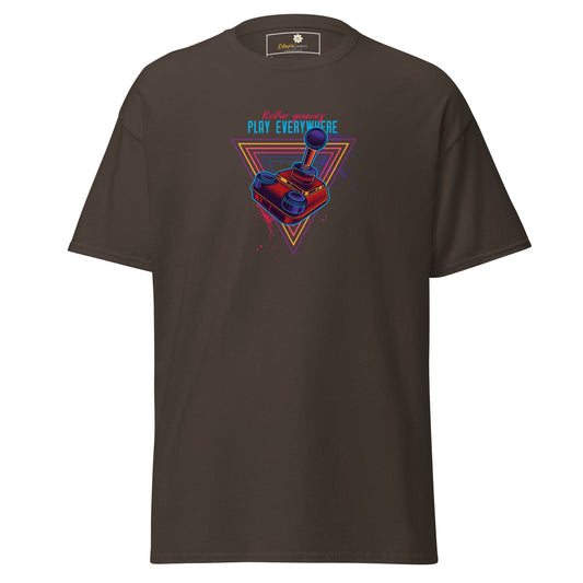 Brown T-shirt with retro gaming controller design for men and women in S to XL sizes