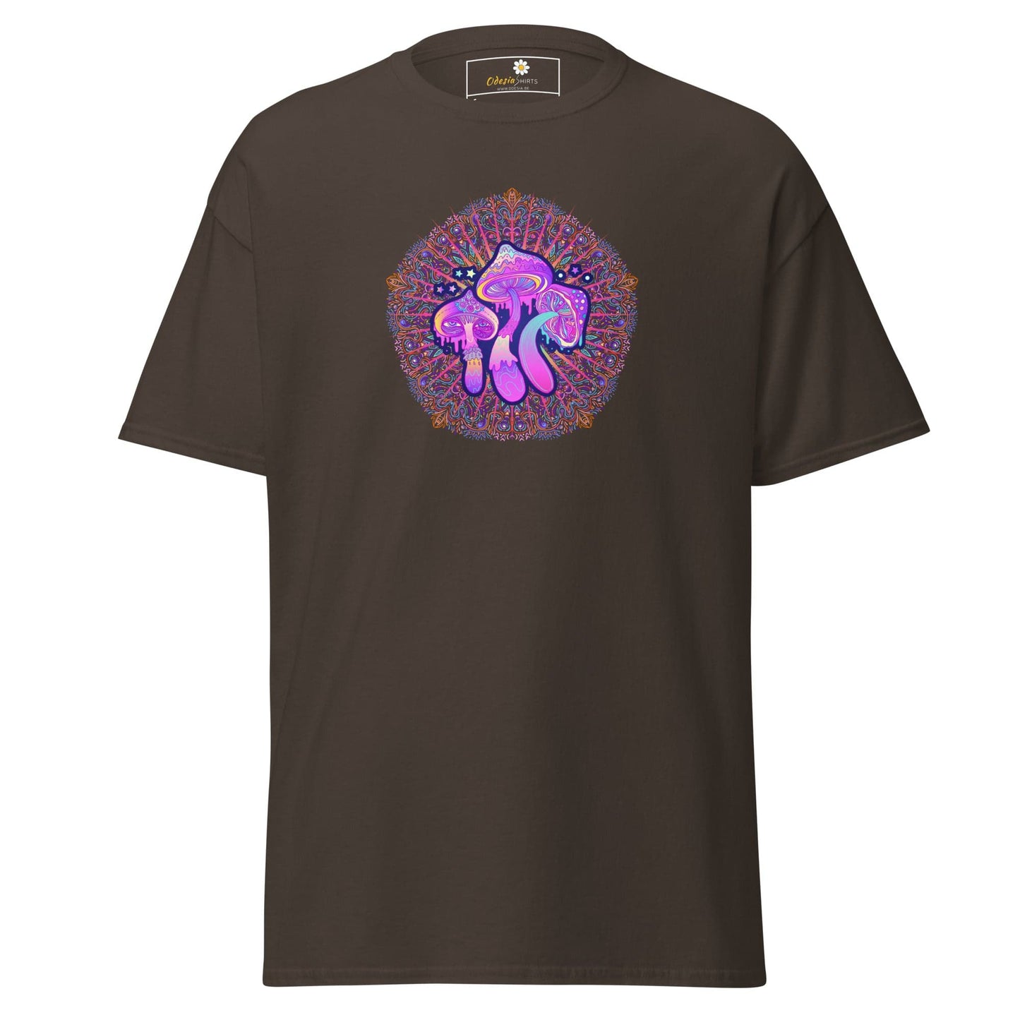 Brown T-shirt with mushroom graphic for men and women in size S to XL